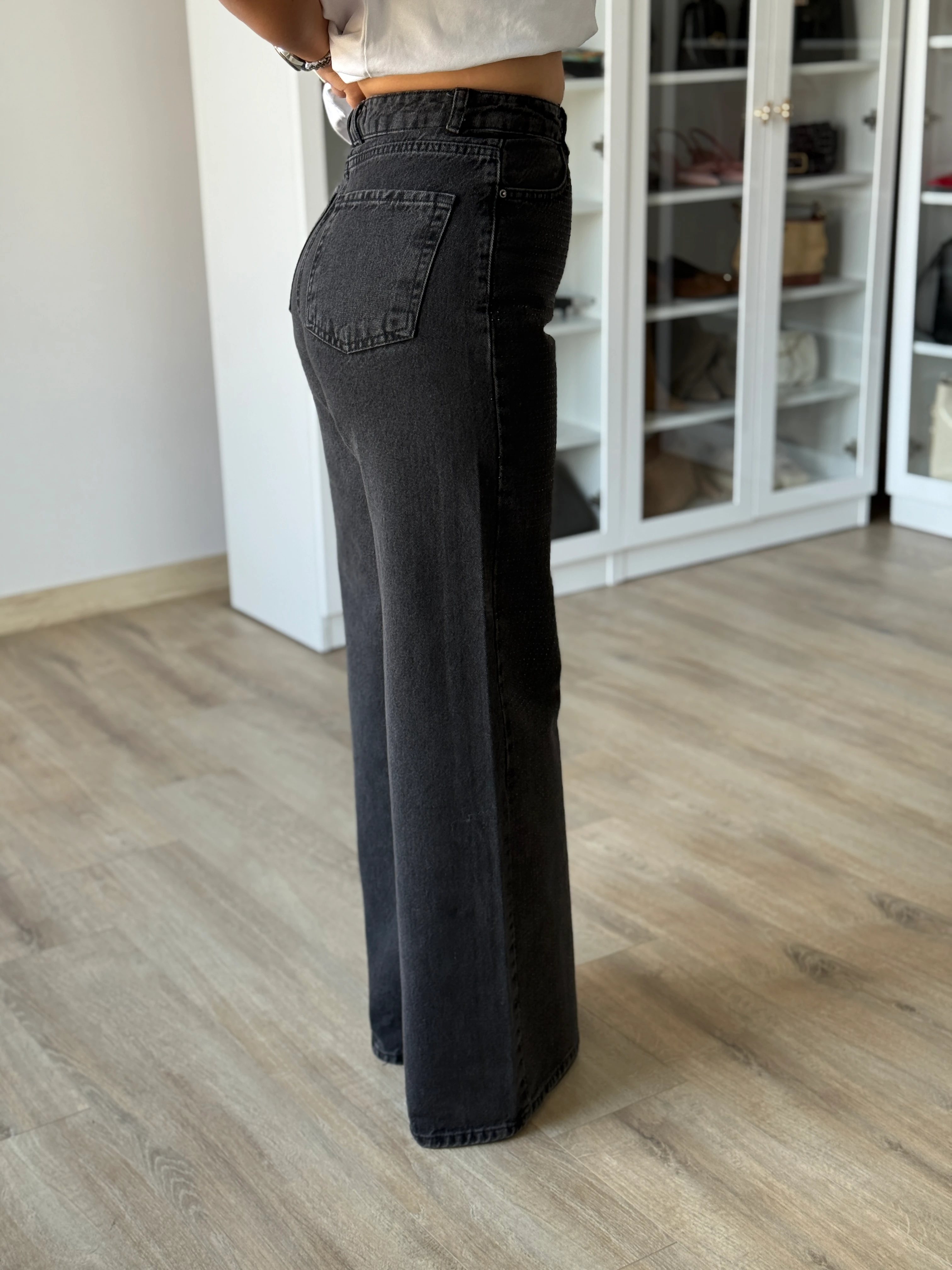 Siyah Taşlı Wide Leg Jean