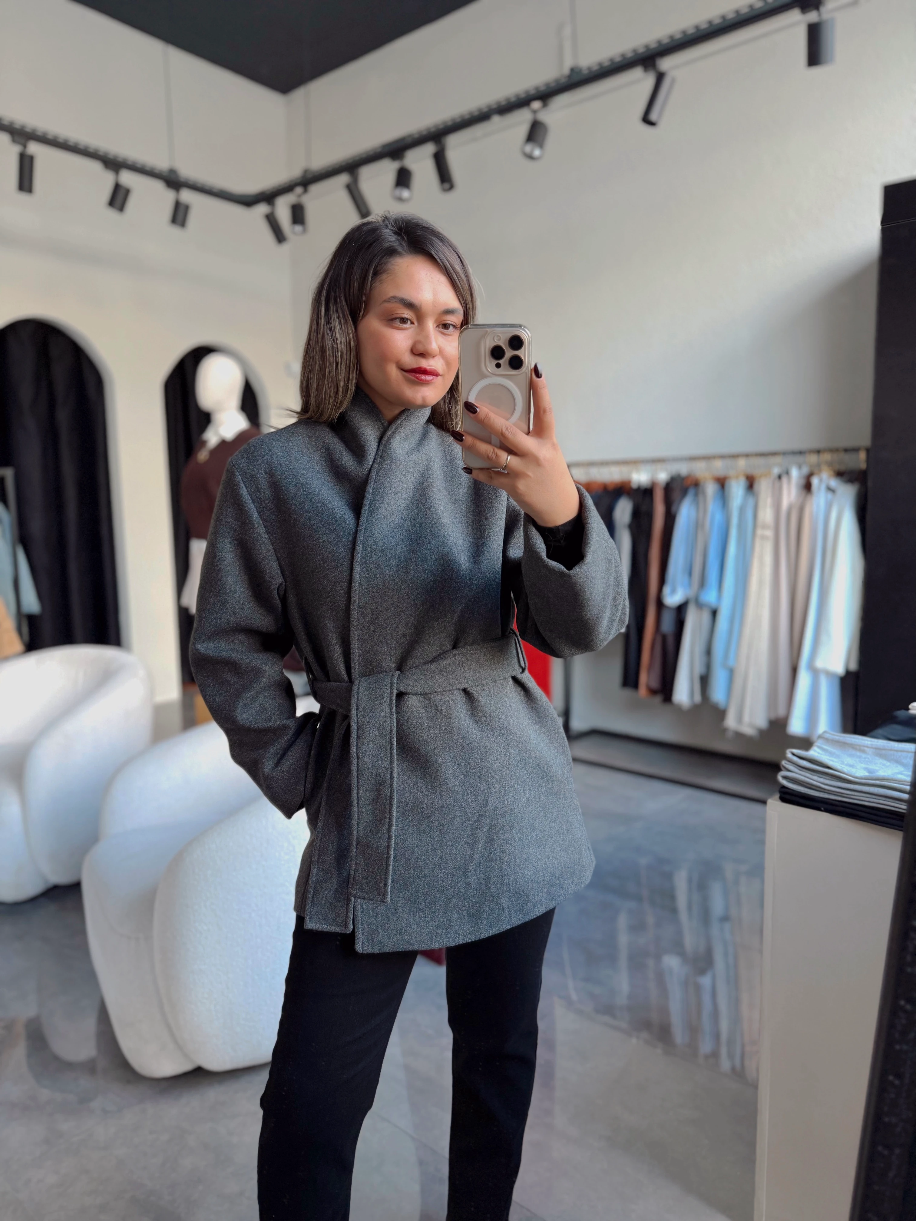 Kuşaklı Dik Yaka Kaşe kaban