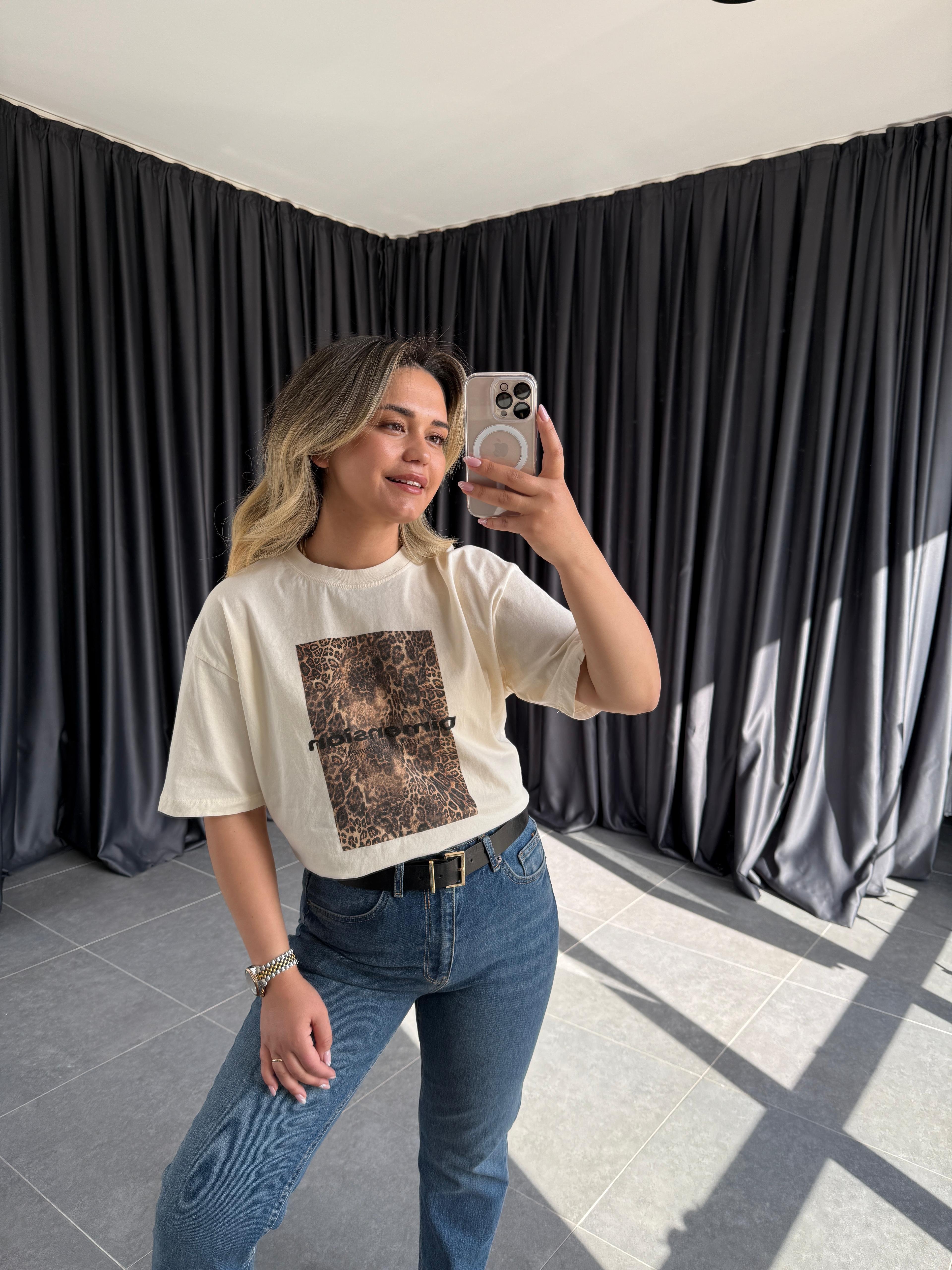 Leopar Baskılı,Bej Oversize Tişört 