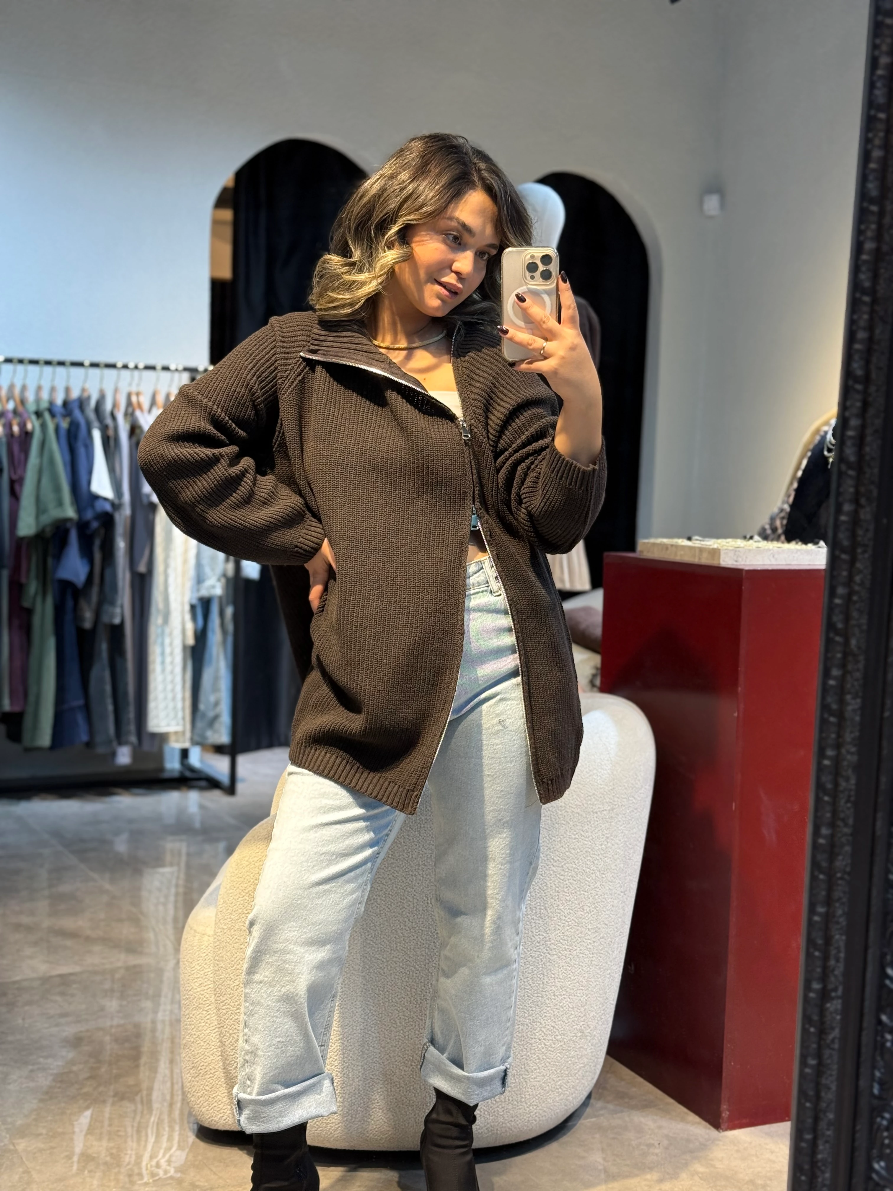 Yanı Fermuarlı Oversize Kazak  - Kahve