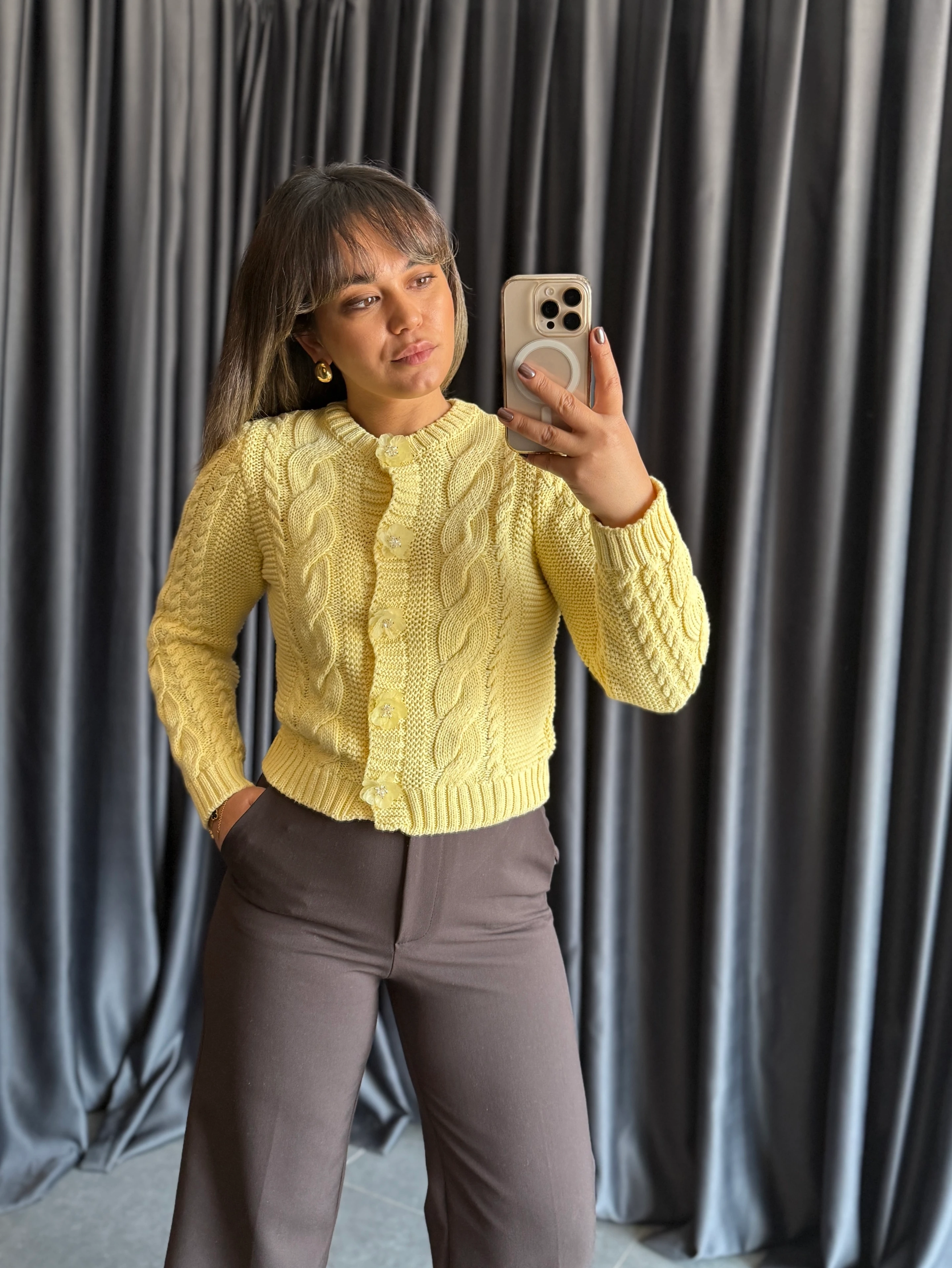 Düğme Detaylı Hırka - Açık Sarı