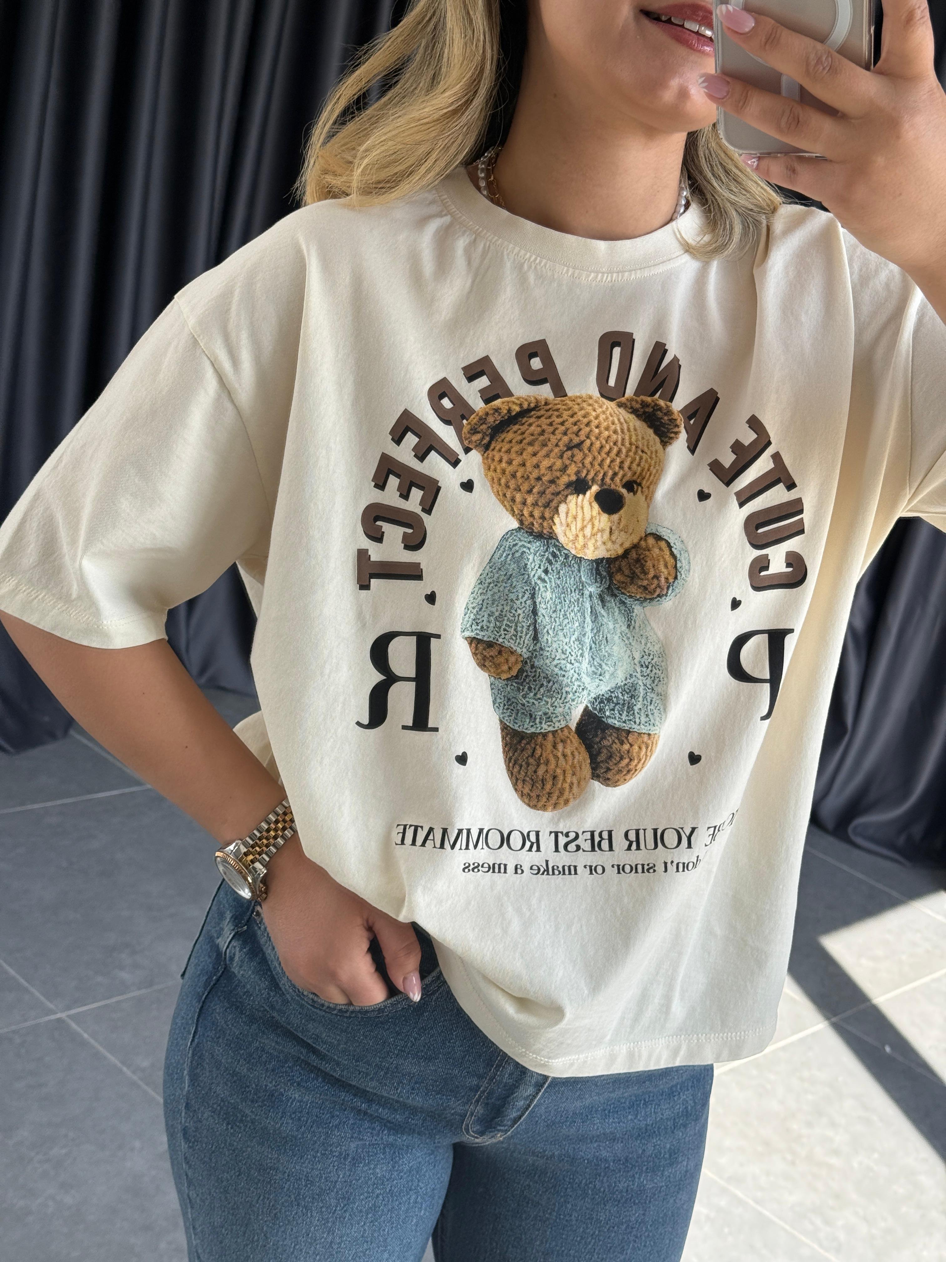 Cute And Perfect Ayıcık Baskılı Tişört Bej