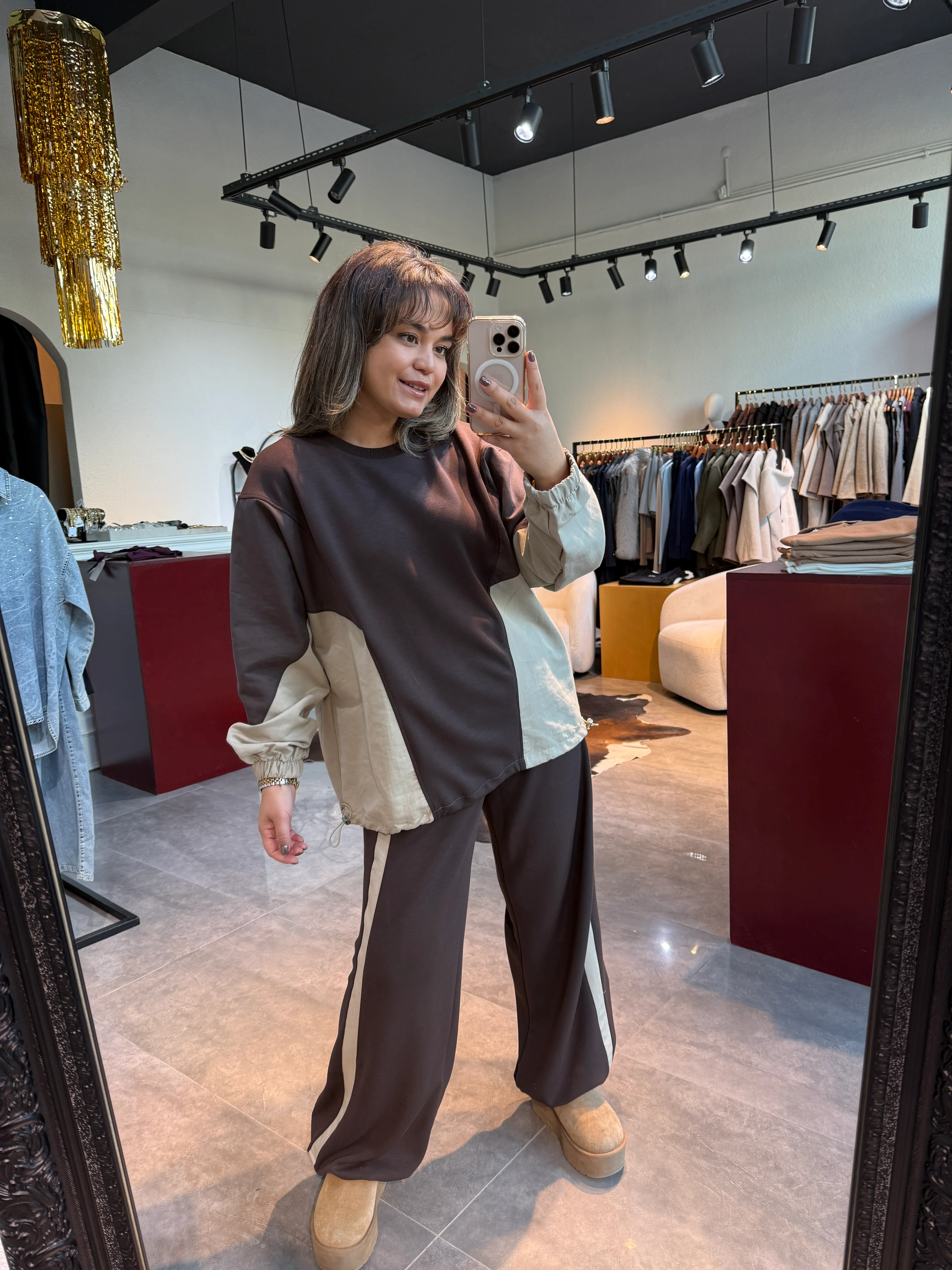 Gai Parçalı Paraşüt Kumaş  Takım  - Kahve