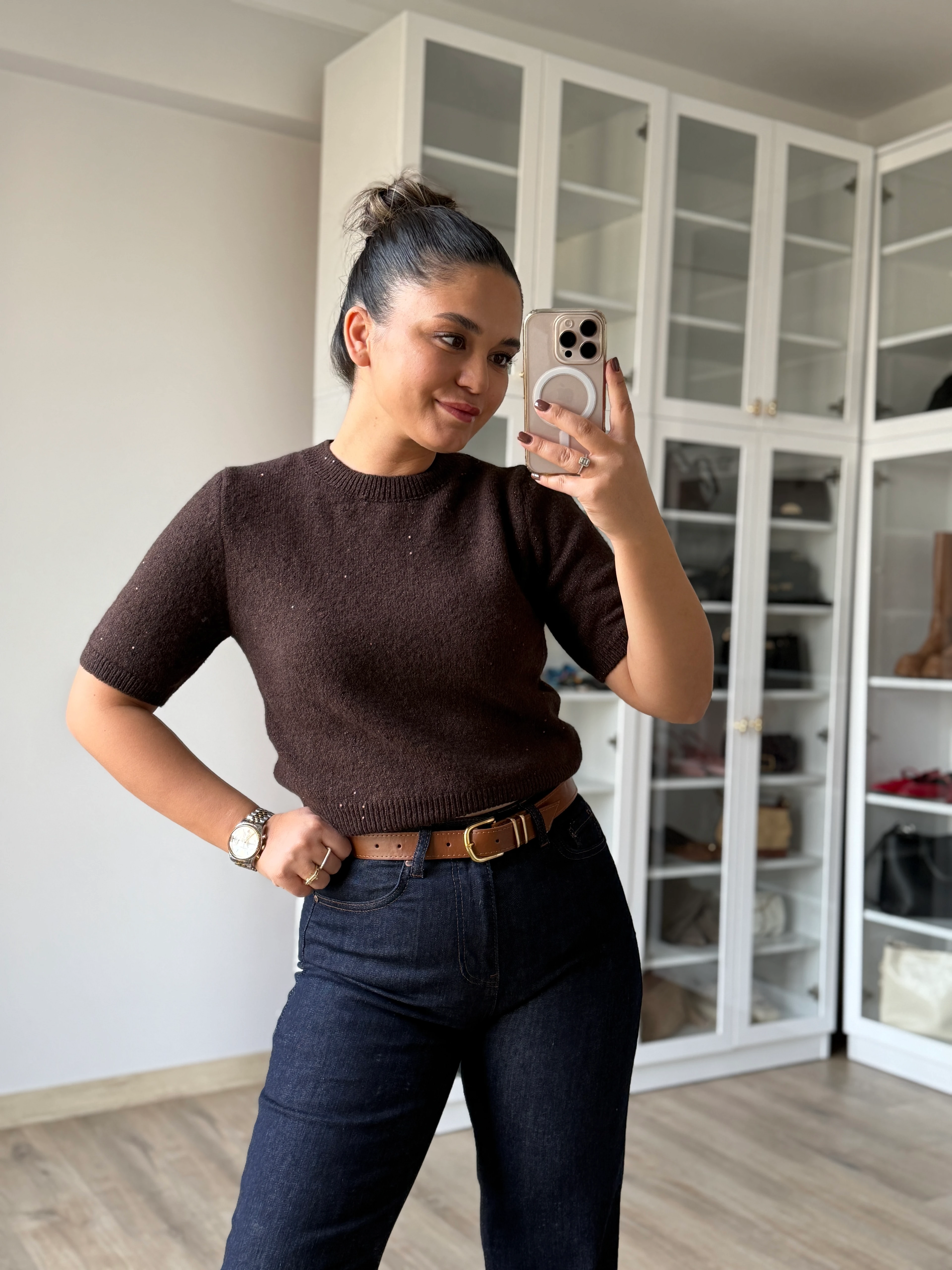 Bisiklet Yaka Pullu Simli Triko Kazak 