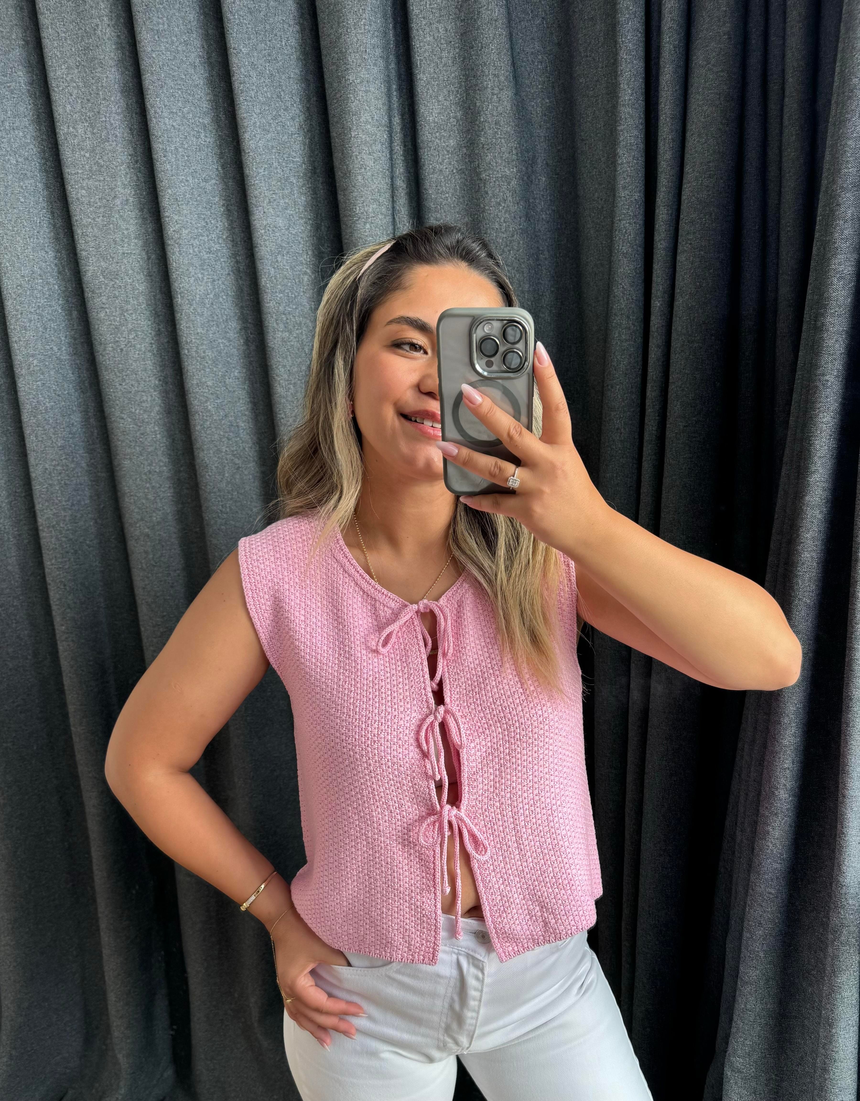 Önden Bağlamalı Yelek Pembe