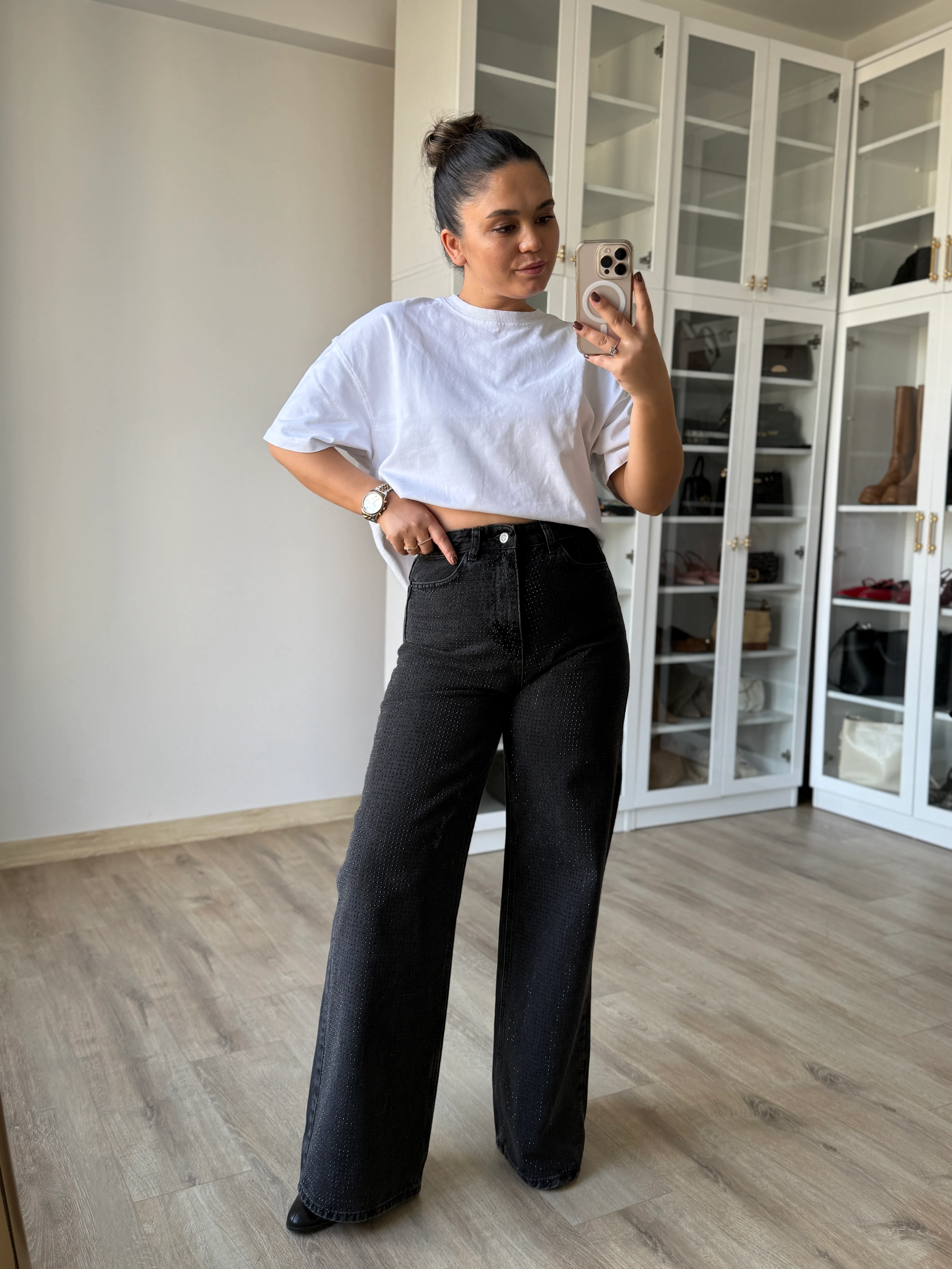 Siyah Taşlı Wide Leg Jean