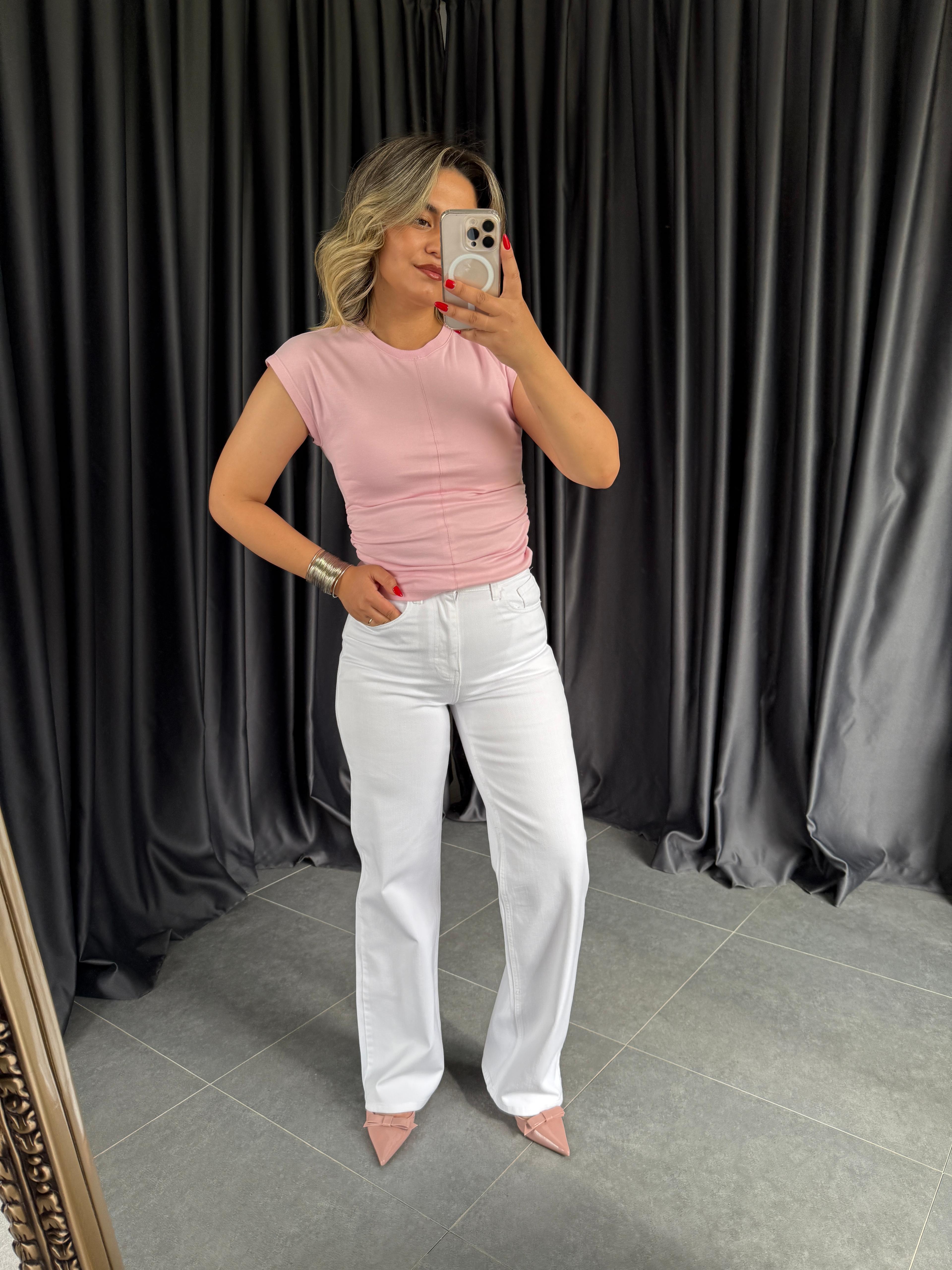 31875 Toz Pembe Dikiş Detaylı Tişört 