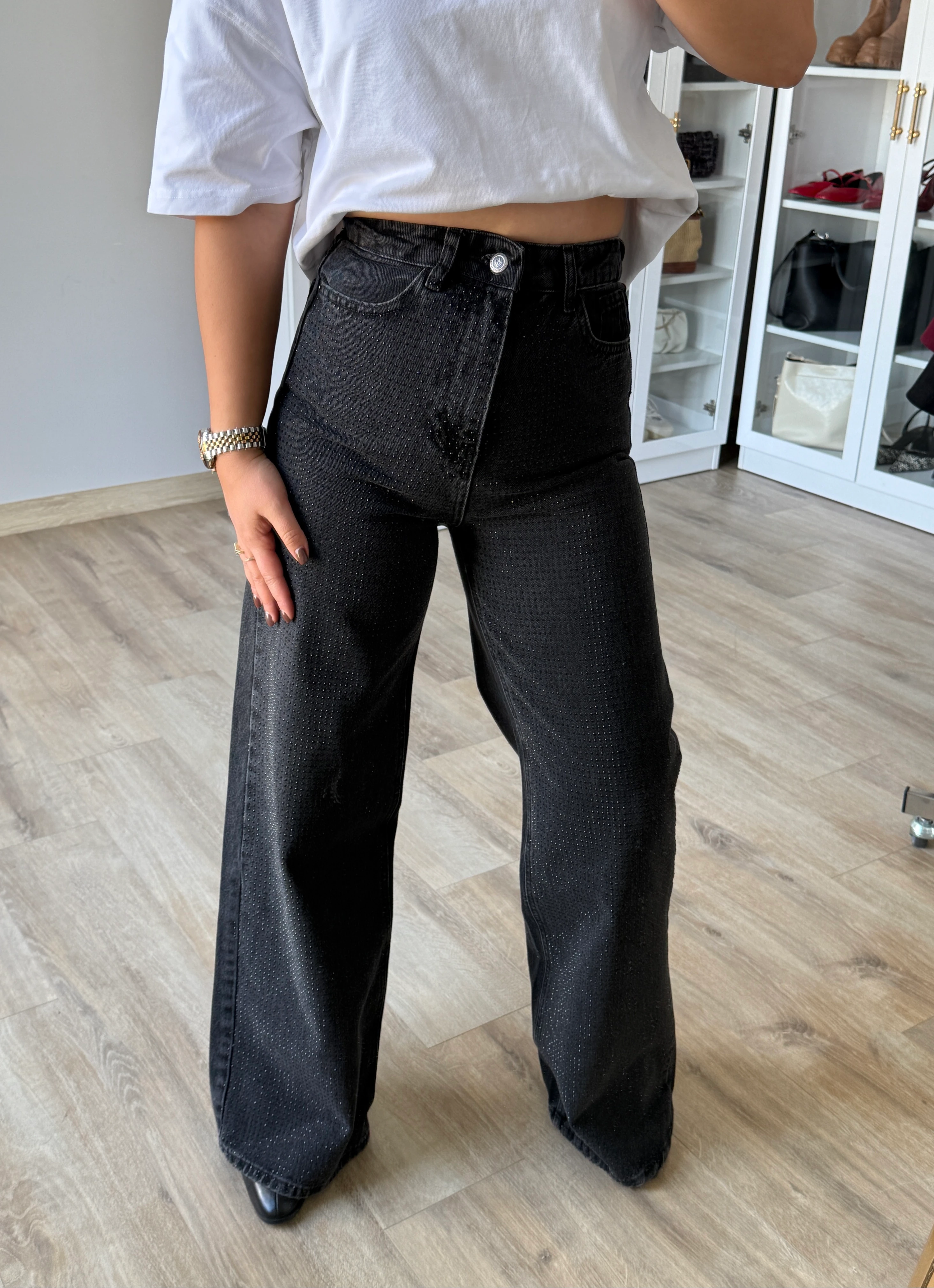 Siyah Taşlı Wide Leg Jean