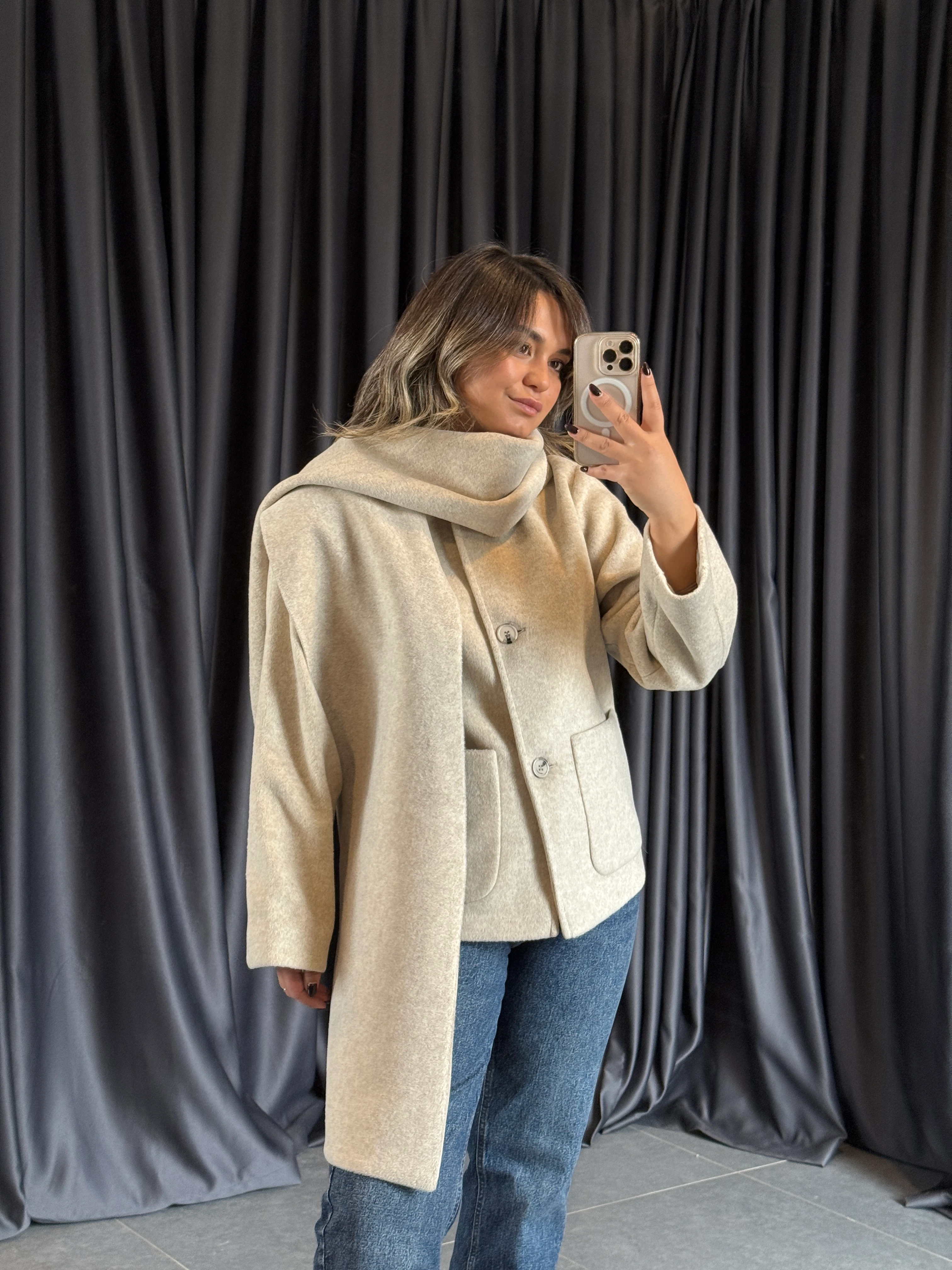 Şal detaylı kaşe kaban  - Bej