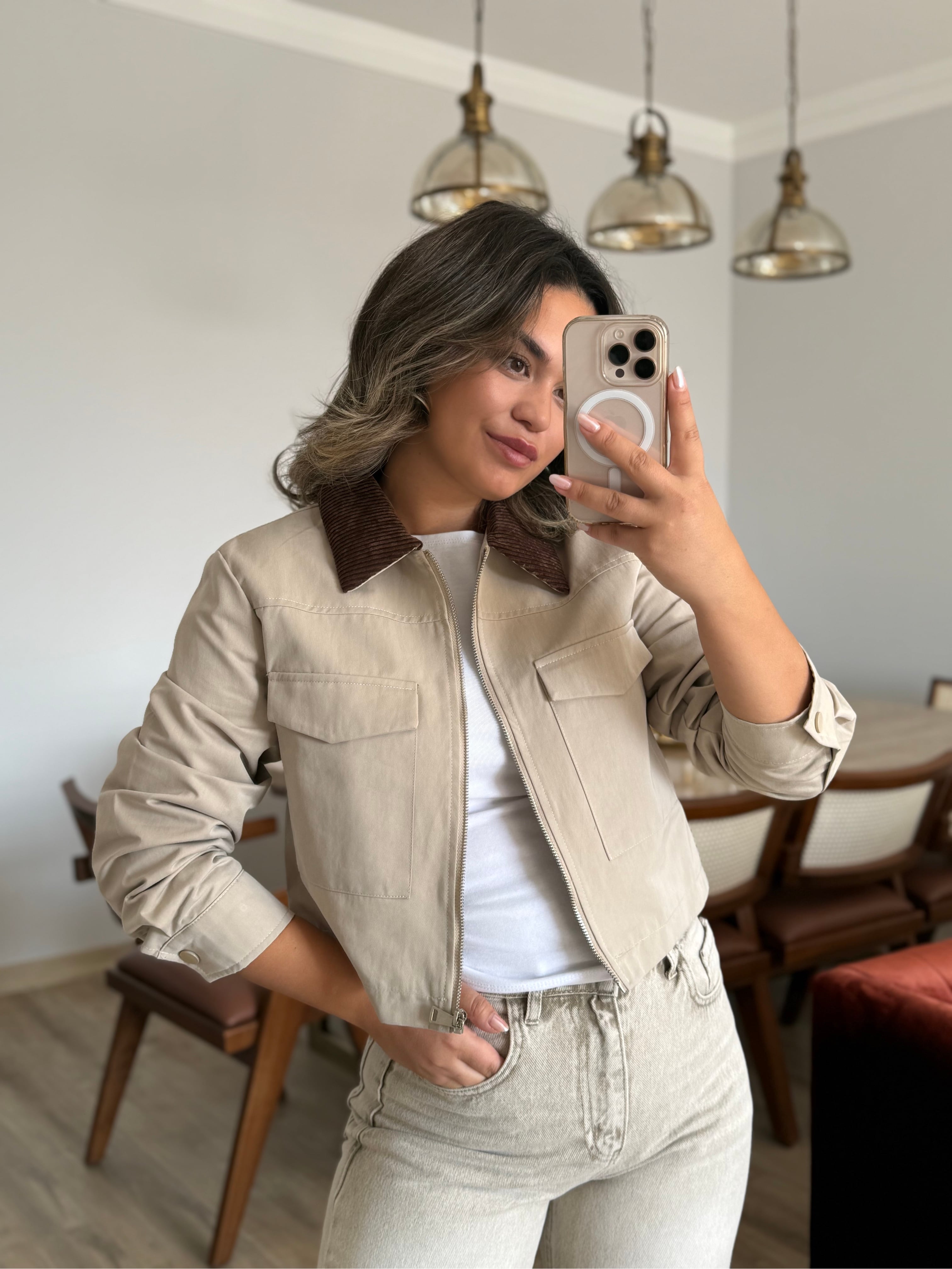 Kadife Yaka Crop Ceket 