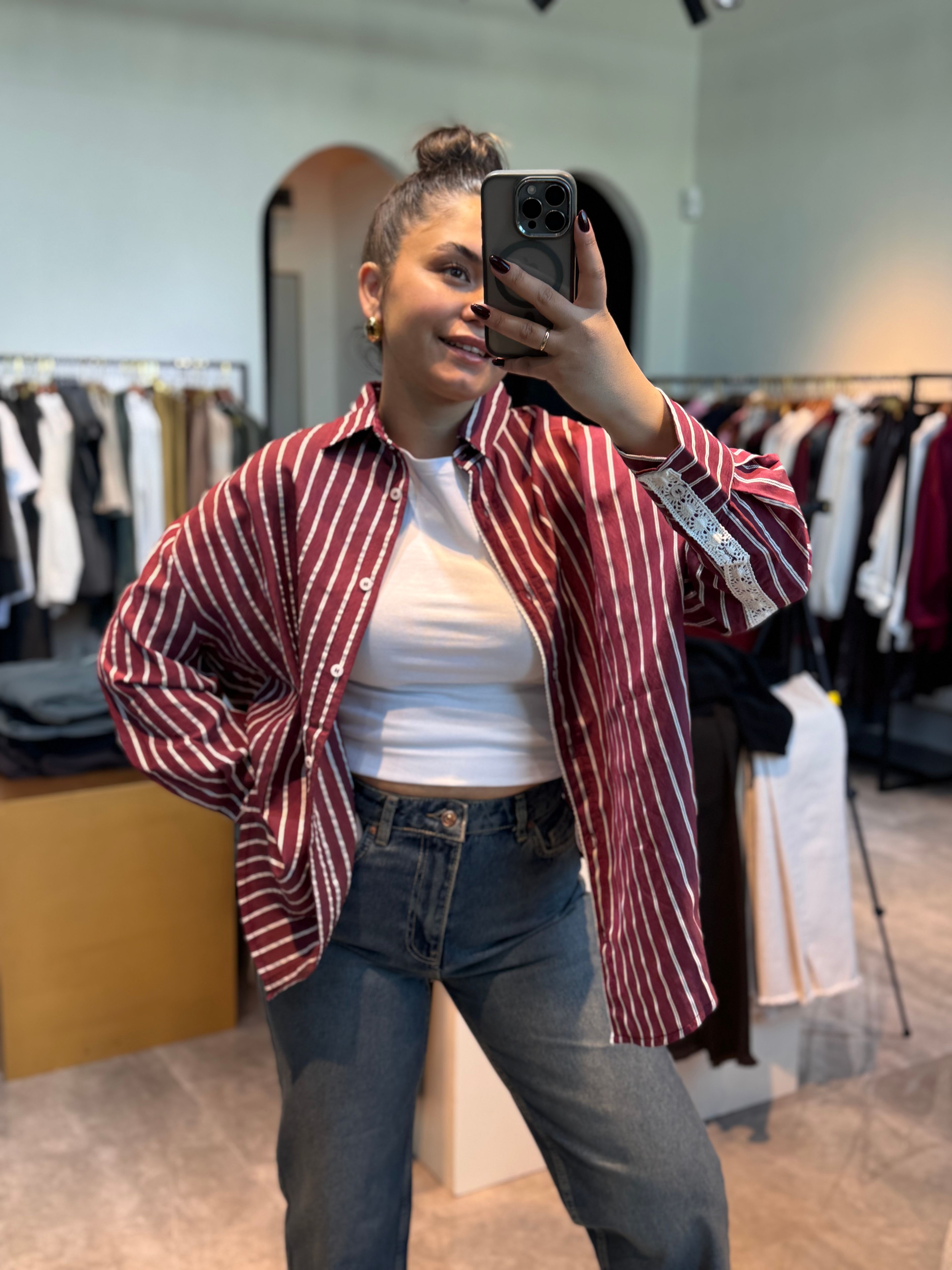 Çizgili Oversize Gömlek Güpür Detaylı Bordo