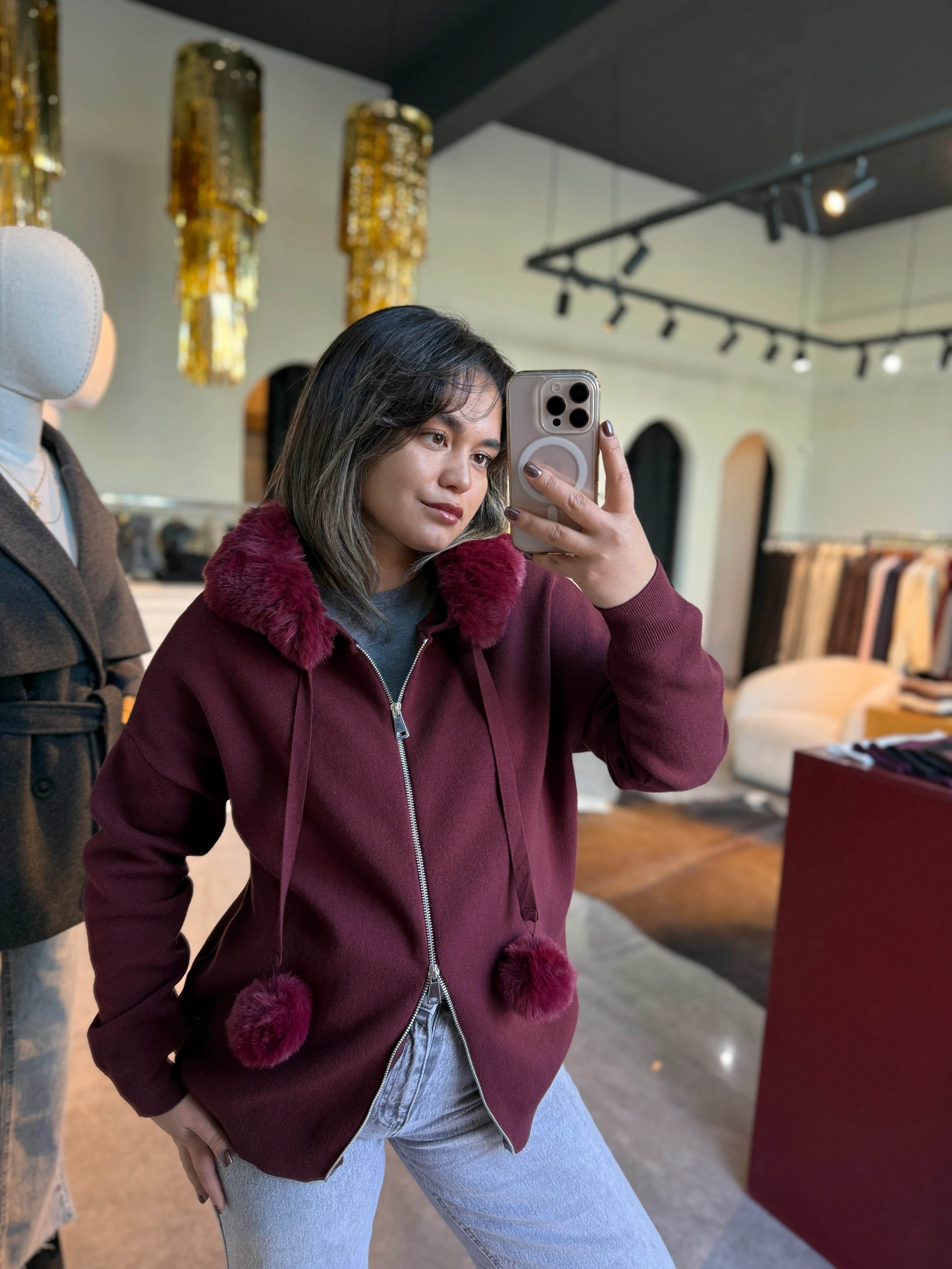 Kürklü Kapişonlu Hırka - Bordo