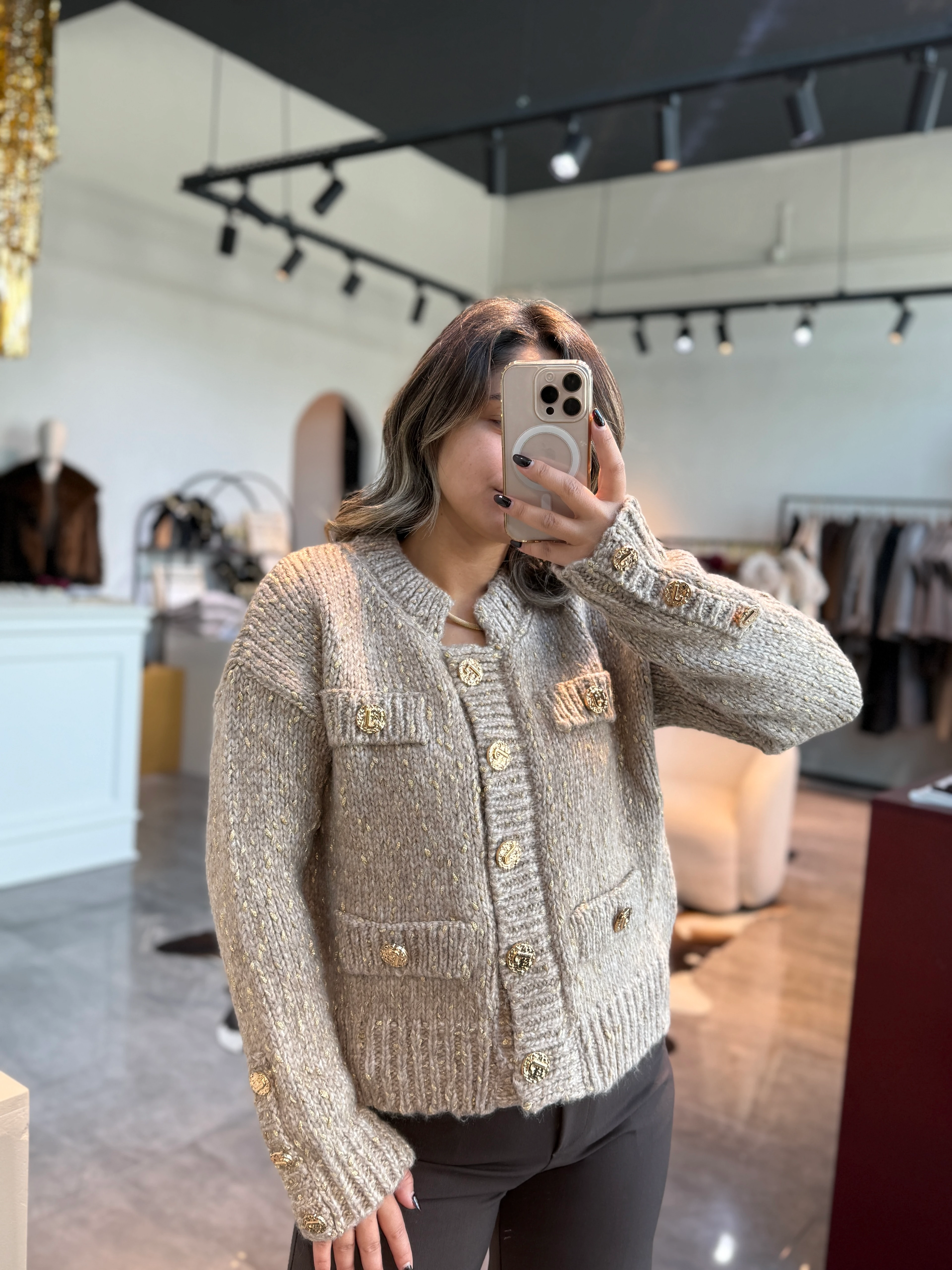 Gold Geçişli Hırka - Vizon