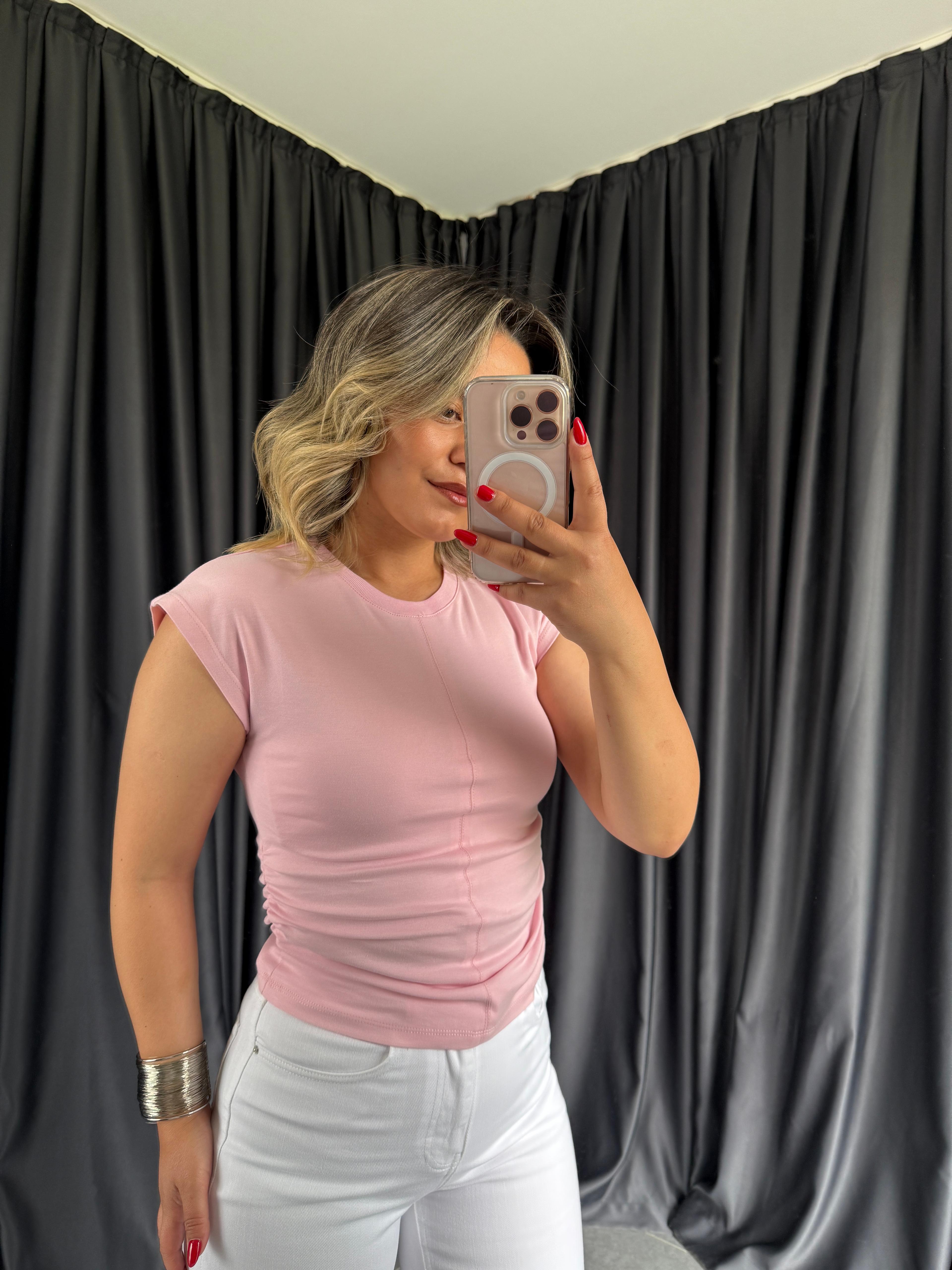 31875 Toz Pembe Dikiş Detaylı Tişört 