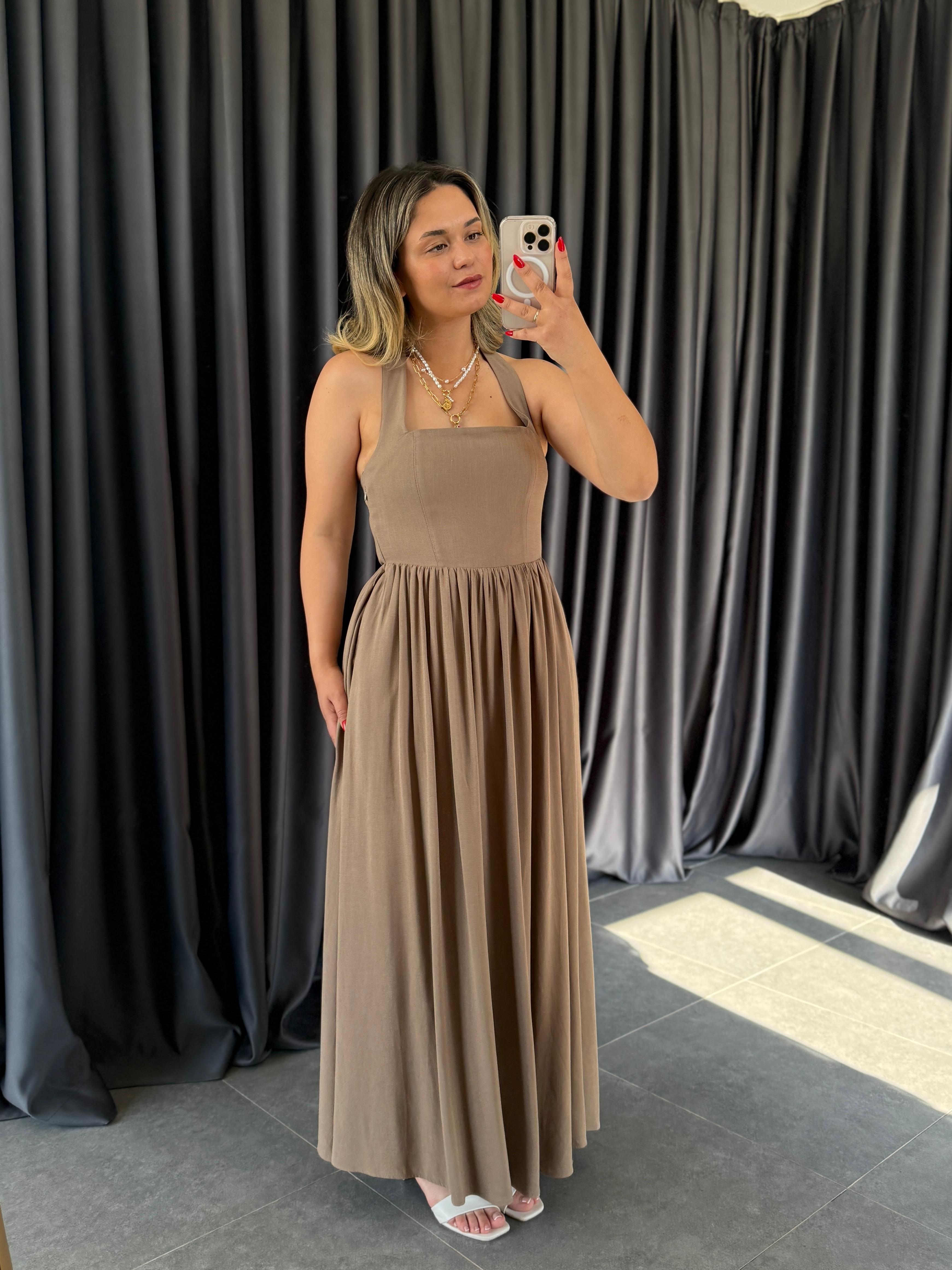 Taupe Keten Elbise