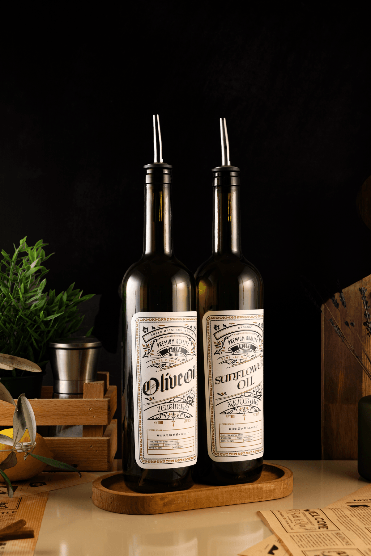 750ml Retro Serisi Ahşap Stantlı Zeytinyağı Şişesi,Ayçiçek Yağı Şişesi,