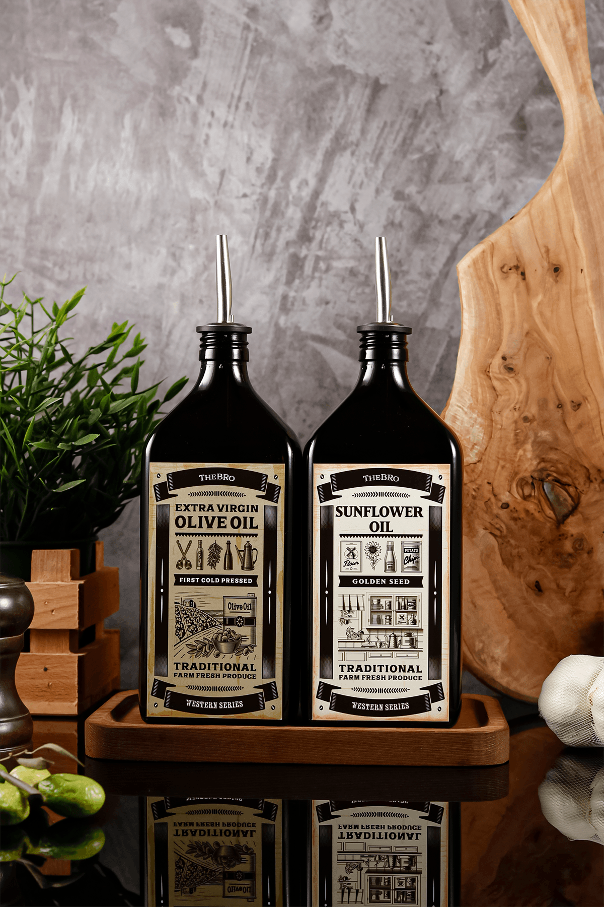 Western Serisi  500ML Amber Ahşap Stantlı Zeytinyağı Şişesi,Ayçiçek Yağı Şişesi Yağdanlık 