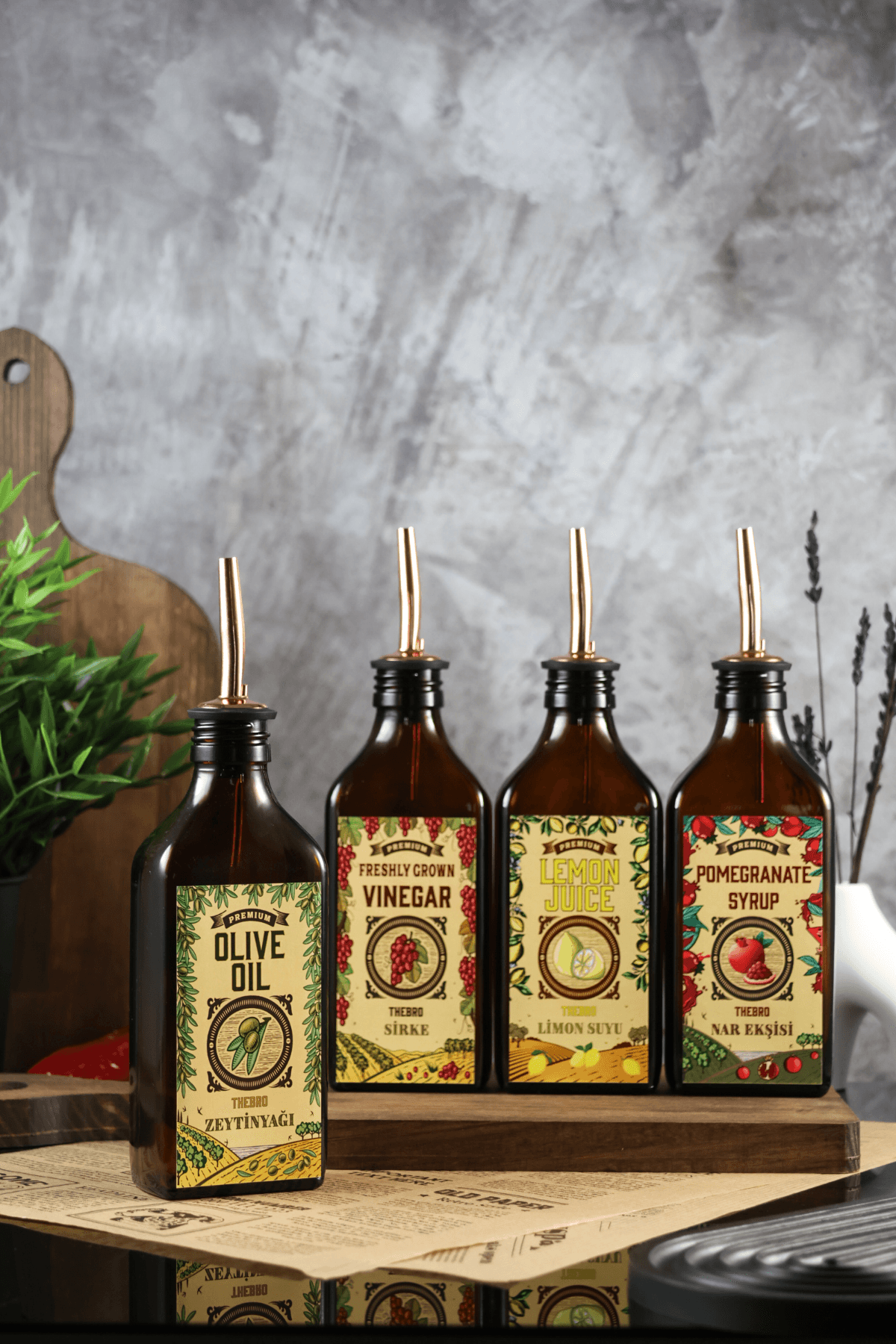 200ML Amber Renkli Carmen Serisi Zeytinyağı,Sirke,Limon,Nar Ekşisi Şişesi 4'lü Set
