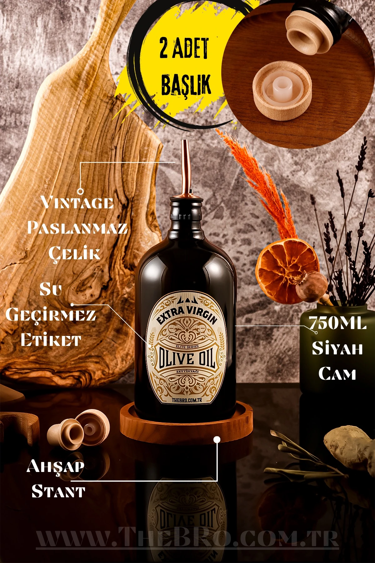 750ML Ahşap Stantlı Black Elite Serisi Vintage Başlıklı Siyah Cam Zeytinyağı Şişesi