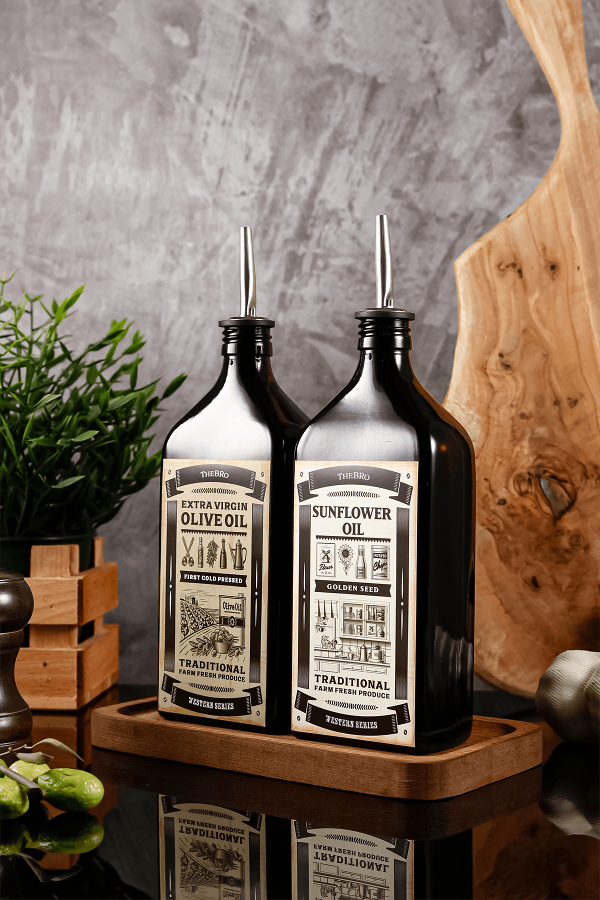Western Serisi  500ML Amber Ahşap Stantlı Zeytinyağı Şişesi,Ayçiçek Yağı Şişesi Yağdanlık 