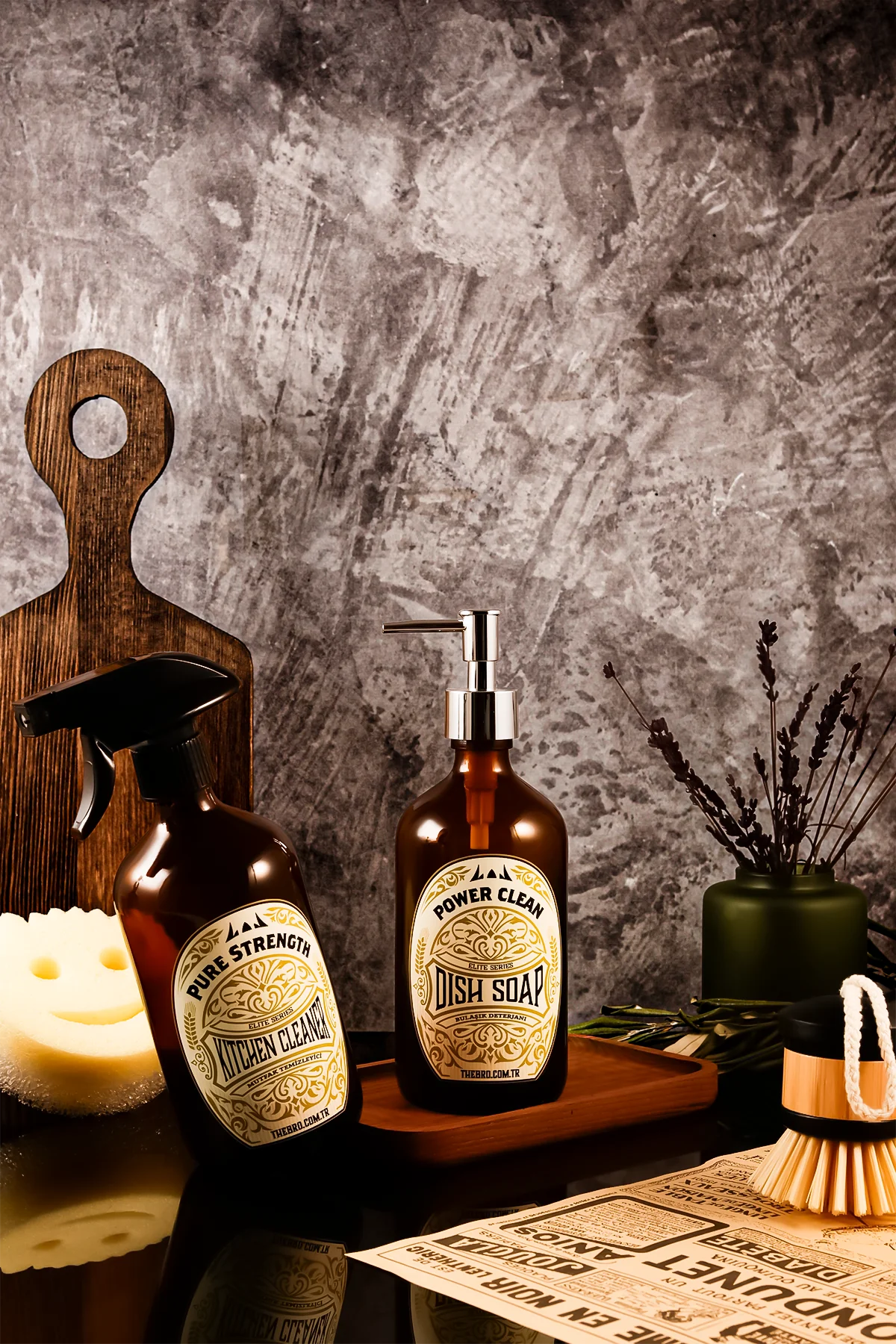 500Ml Ahşap Stantlı Elite Serisi Bulaşık Detarjanı ve Mutfak Temizleyici Sabunluk Seti