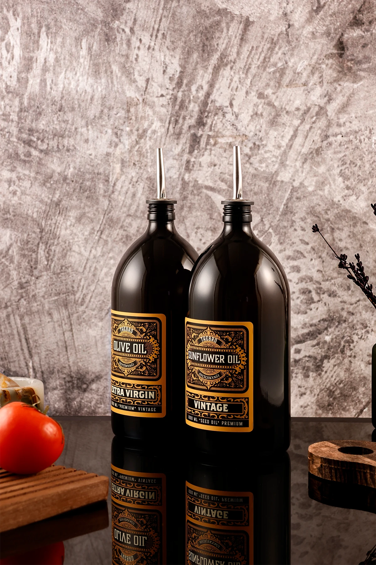  1lt Parlak Siyah  Renkli Cam Yağdanlık Zeytinyağı Sıvıyağ Şişesi Vintage Yağlık