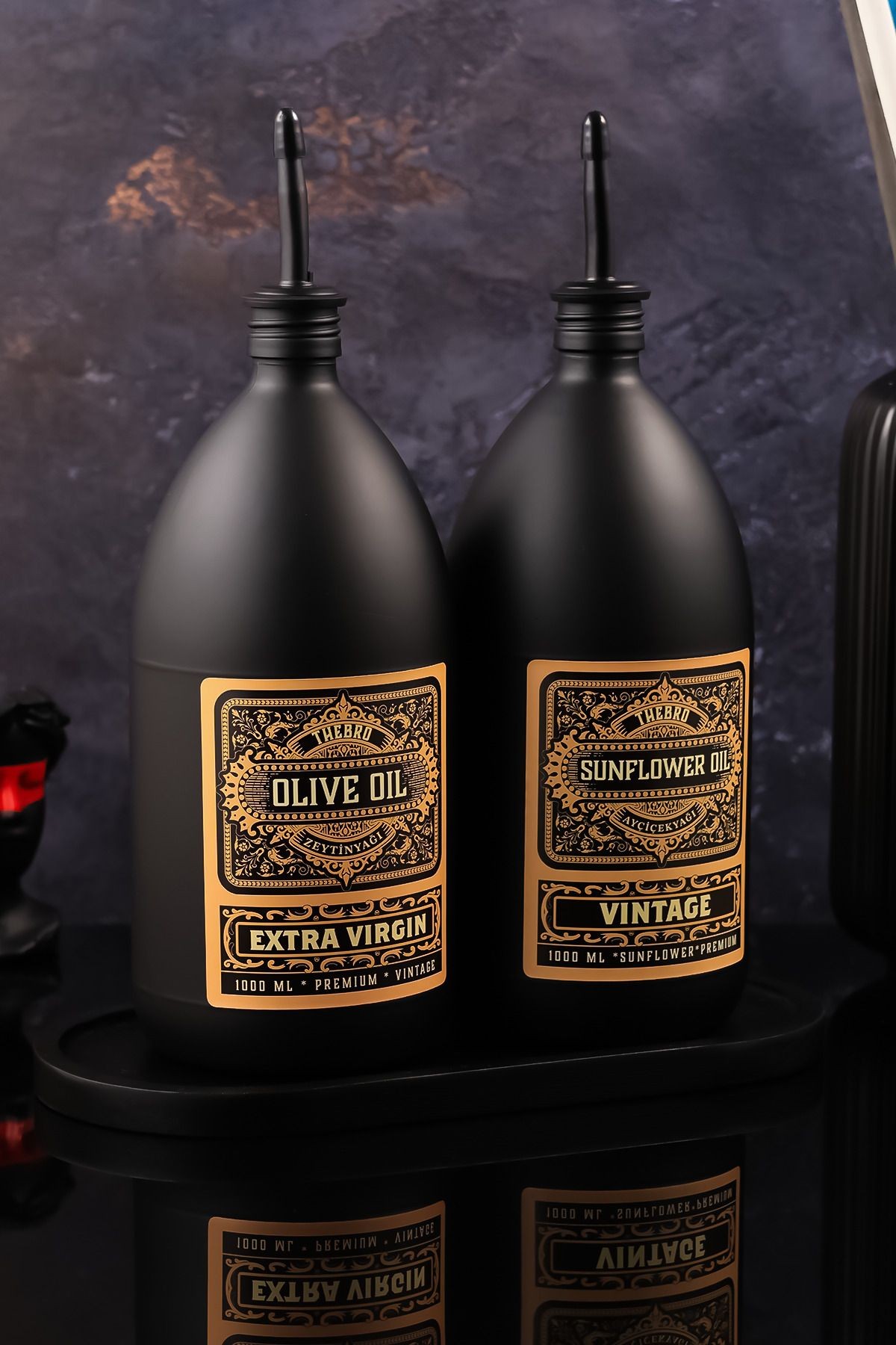 1 Litre Vintage Black Edition Mat Siyah Ahşap Stantlı Zeytinyağı Şişesi Ayçiçek Yağı Şişesi