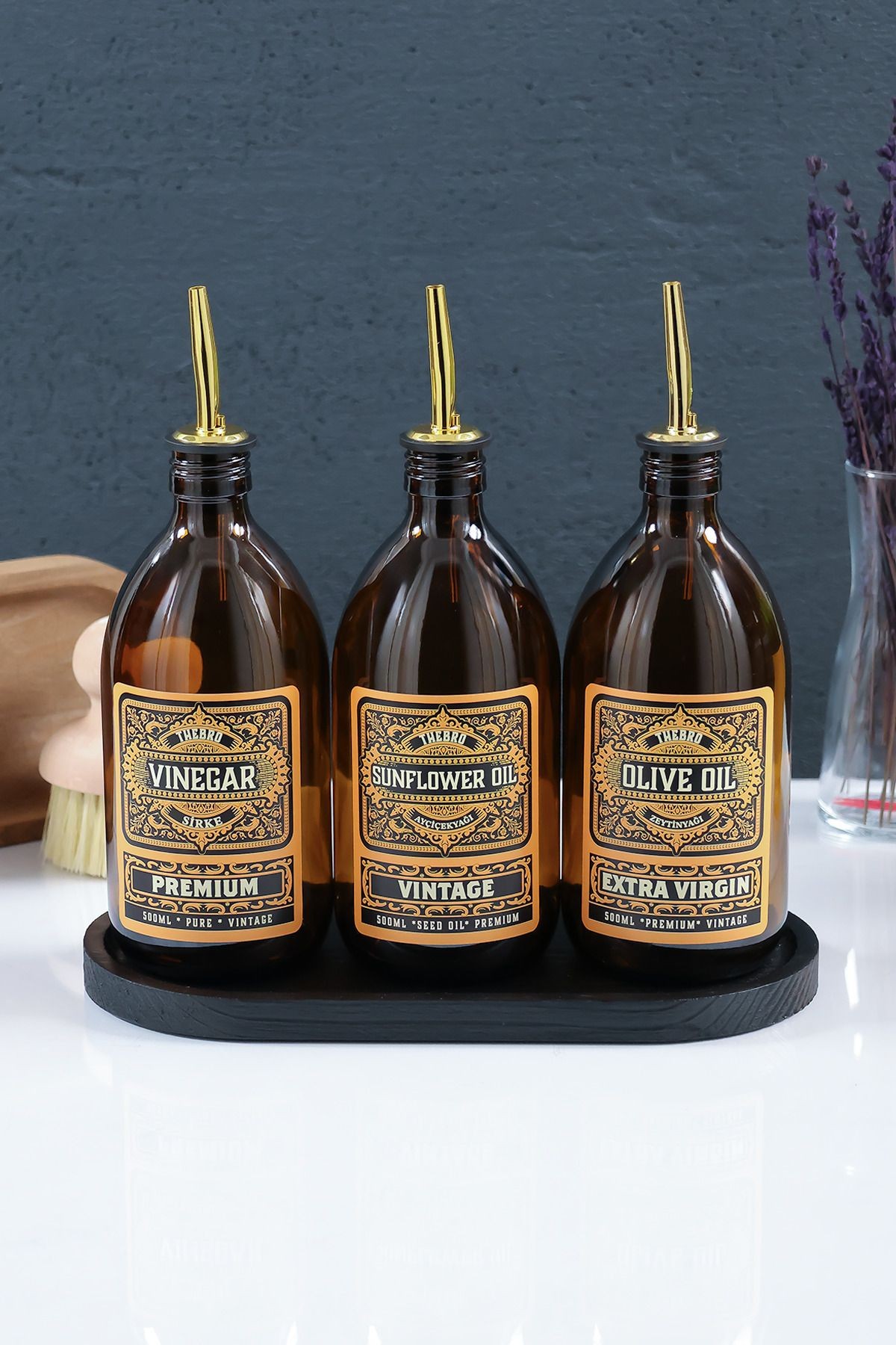 500ML Amber Renkli Vintage Tasarımlı Siyah Ahşap Stantlı Zeytinyağı Şişesi,Sıvıyağ ve Sirke Şisesi