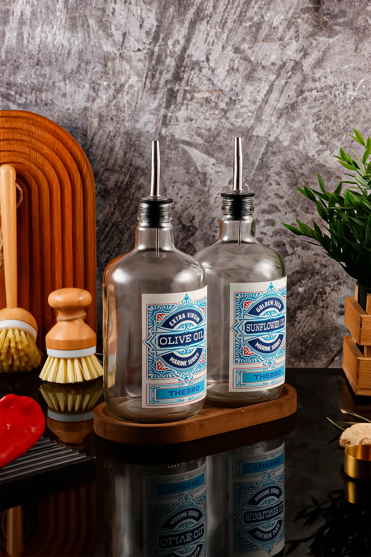 750ML Ahşap Stantlı Marine Serisi Şeffaf Cam Zeytinyağı Şişesi ve Ayçiçek Yağı Şişesi