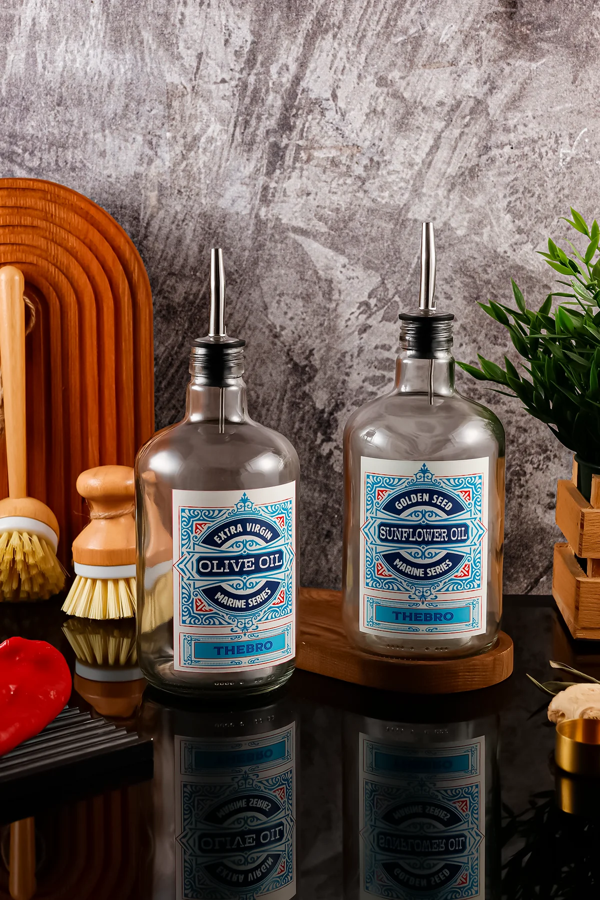 750ML Ahşap Stantlı Marine Serisi Şeffaf Cam Zeytinyağı Şişesi ve Ayçiçek Yağı Şişesi