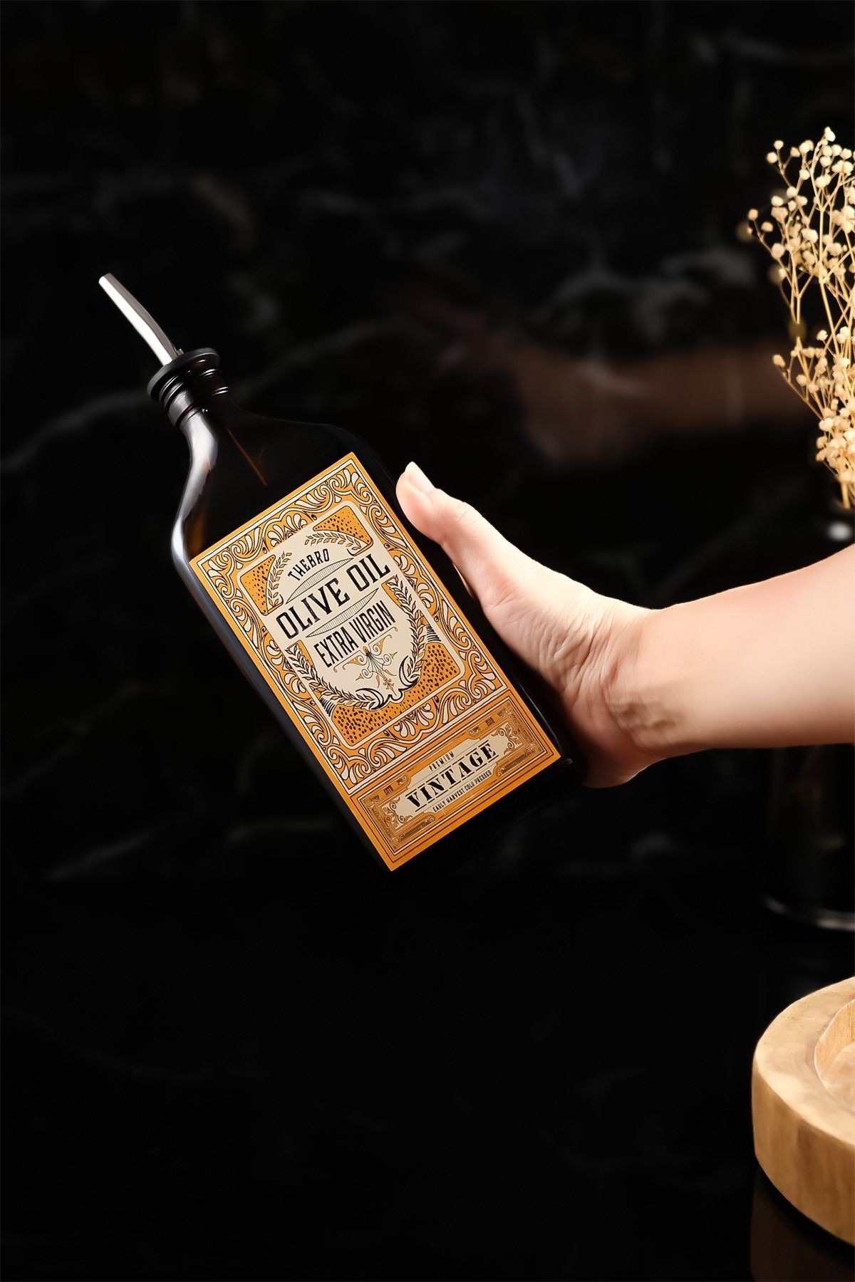 500ml Amber Renkli Premium Vintage Zeytinyağı Şişesi ve Ayçiçek Yağı Şişesi Parlak Şişe Dökücülü