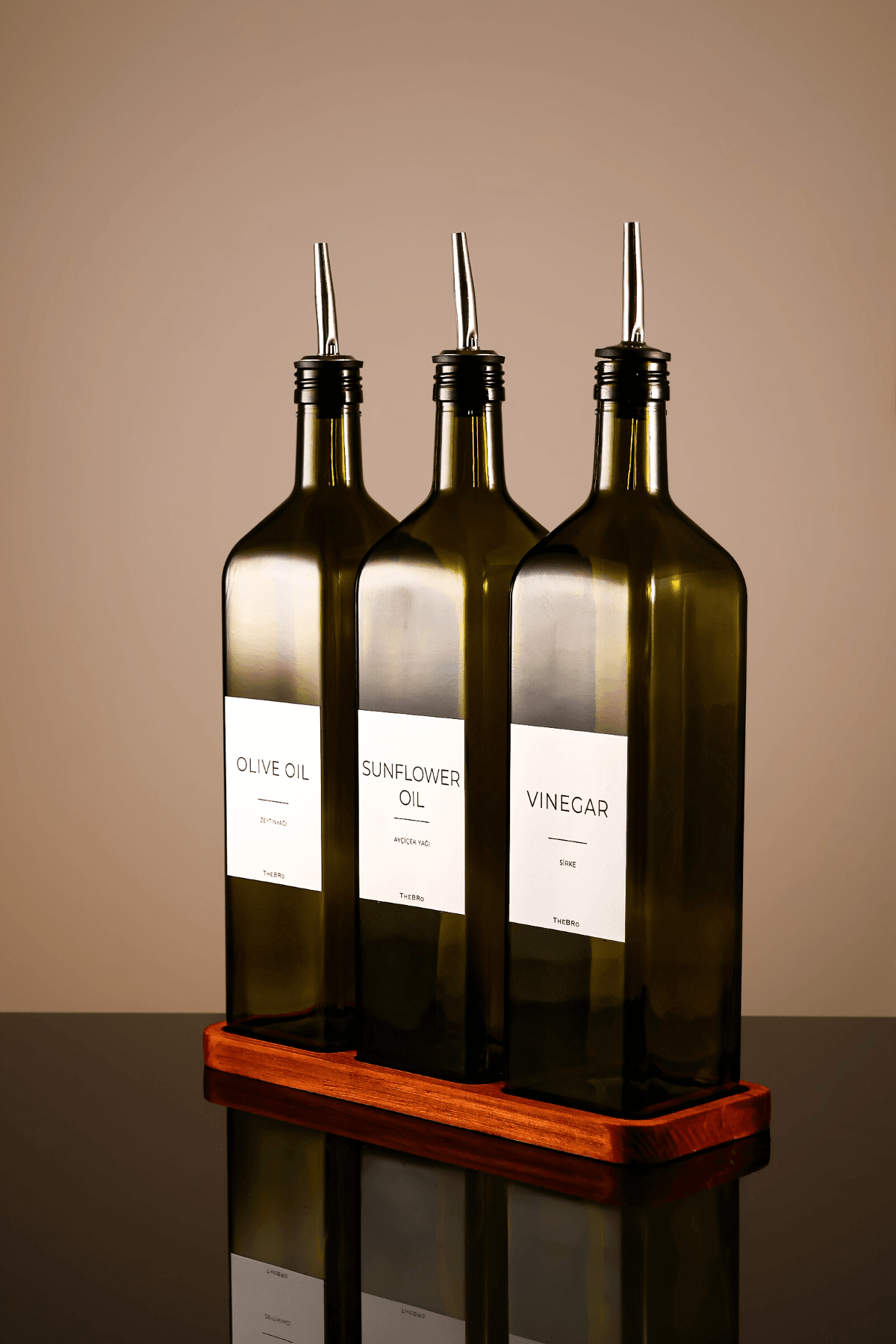 1 Litre Yağ Yeşili White Serisi Ahşap Stantlı Zeytinyağı,Ayçiçek Yağı ve Sirke Şişesi