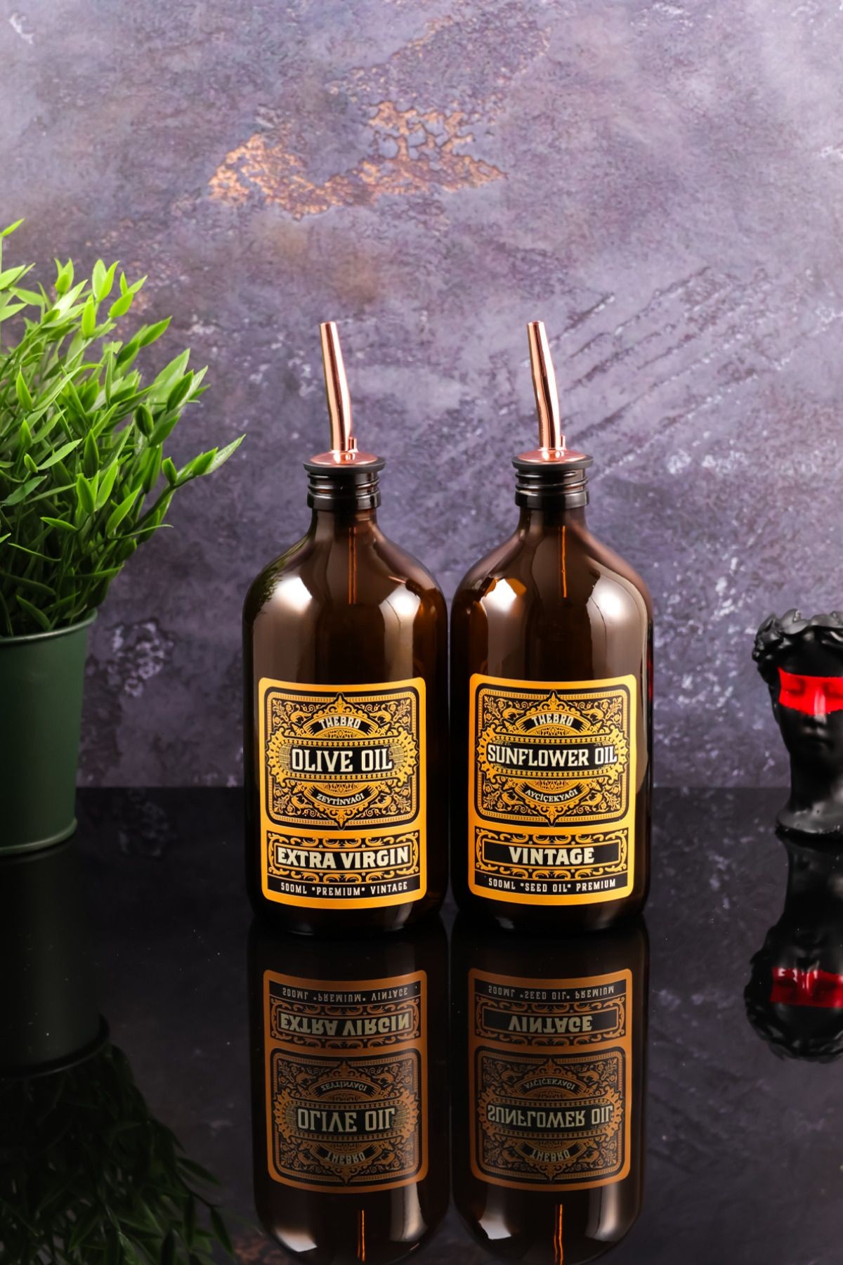 500ML Amber Renkli RoseGold Başlıklı Vintage Desenli Zeytinyağı Şişesi,Sıvıyağ Şişesi Yağdanlık