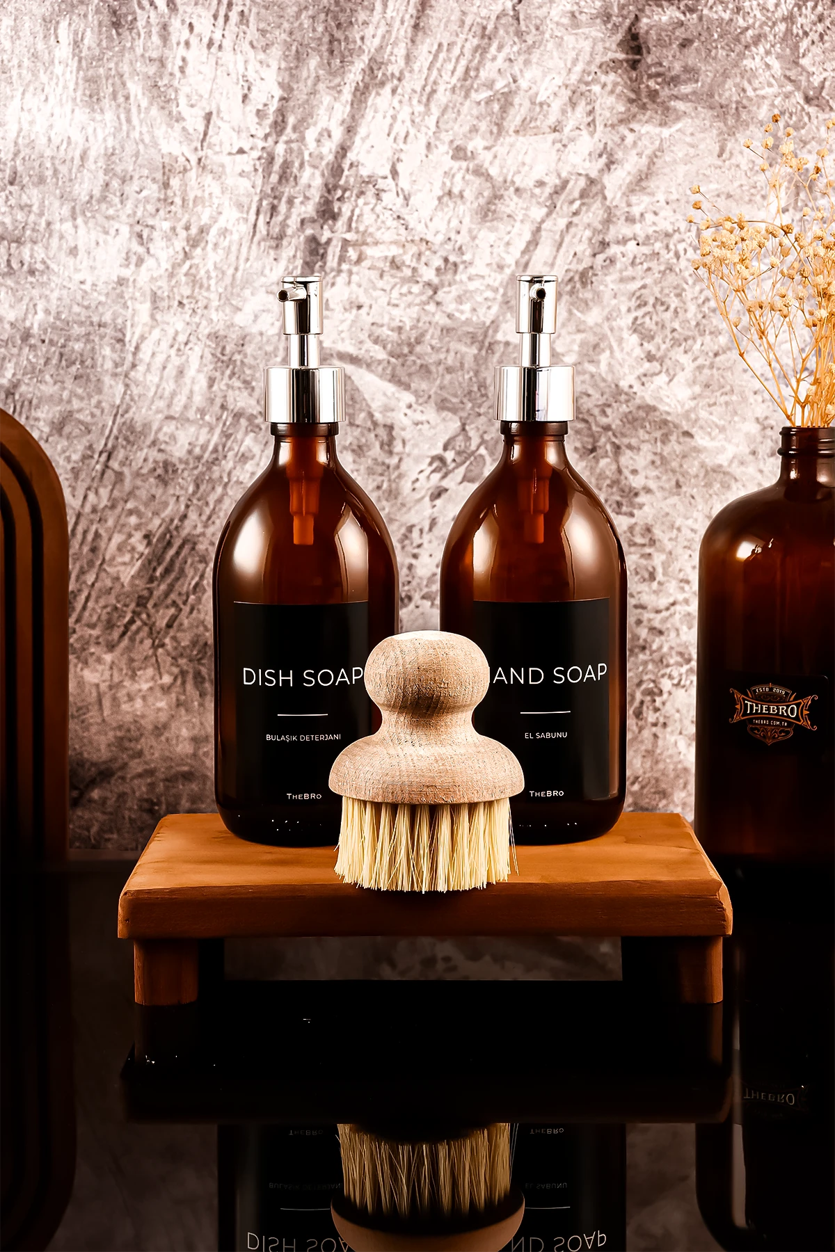 500ML Black Serisi Ahşap Stantlı Fırçalı El Sabunu ve Bulaşık Deterjanı Sabunluk Seti  
