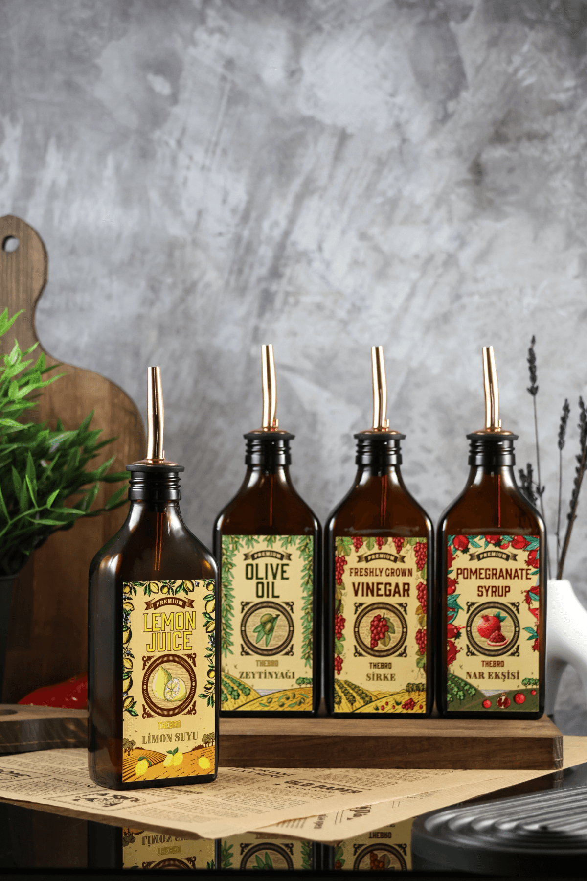 200ML Amber Renkli Carmen Serisi Zeytinyağı,Sirke,Limon,Nar Ekşisi Şişesi 4'lü Set