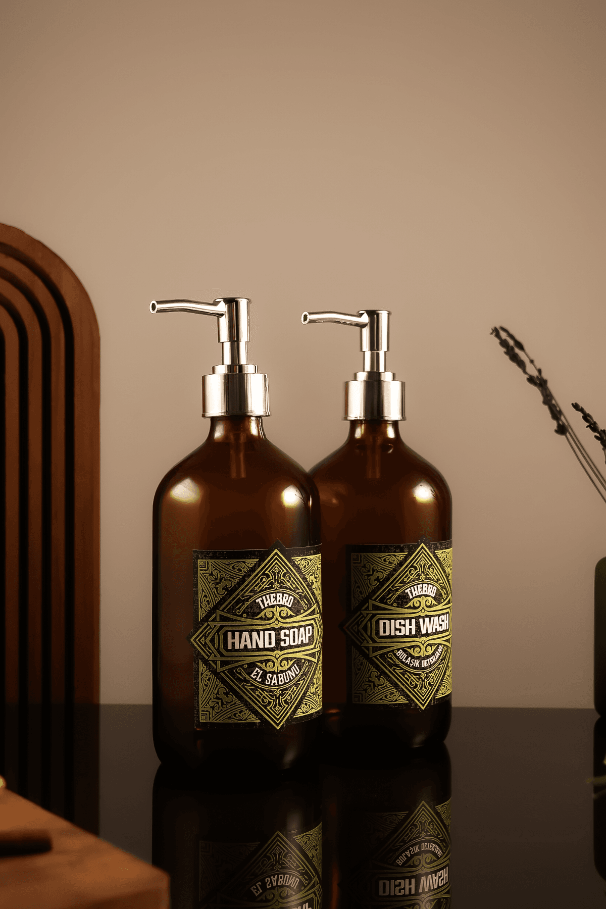 500ML Amber Cam Vintage Desenli El Sabunu ve Bulaşık Deterjanı Şişesi 