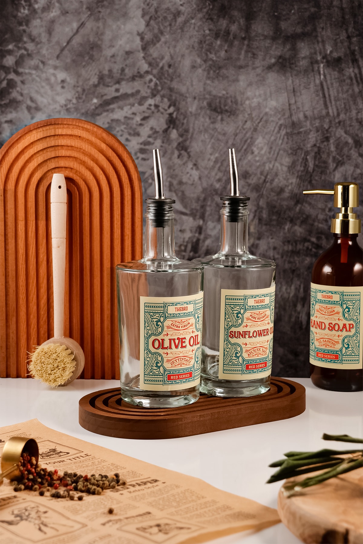 500ML Gökkuşağı Stantlı Şeffaf Kalın Camlı  Red Serisi Zeytinyağı ve Ayçiçek Yağı Şişesi