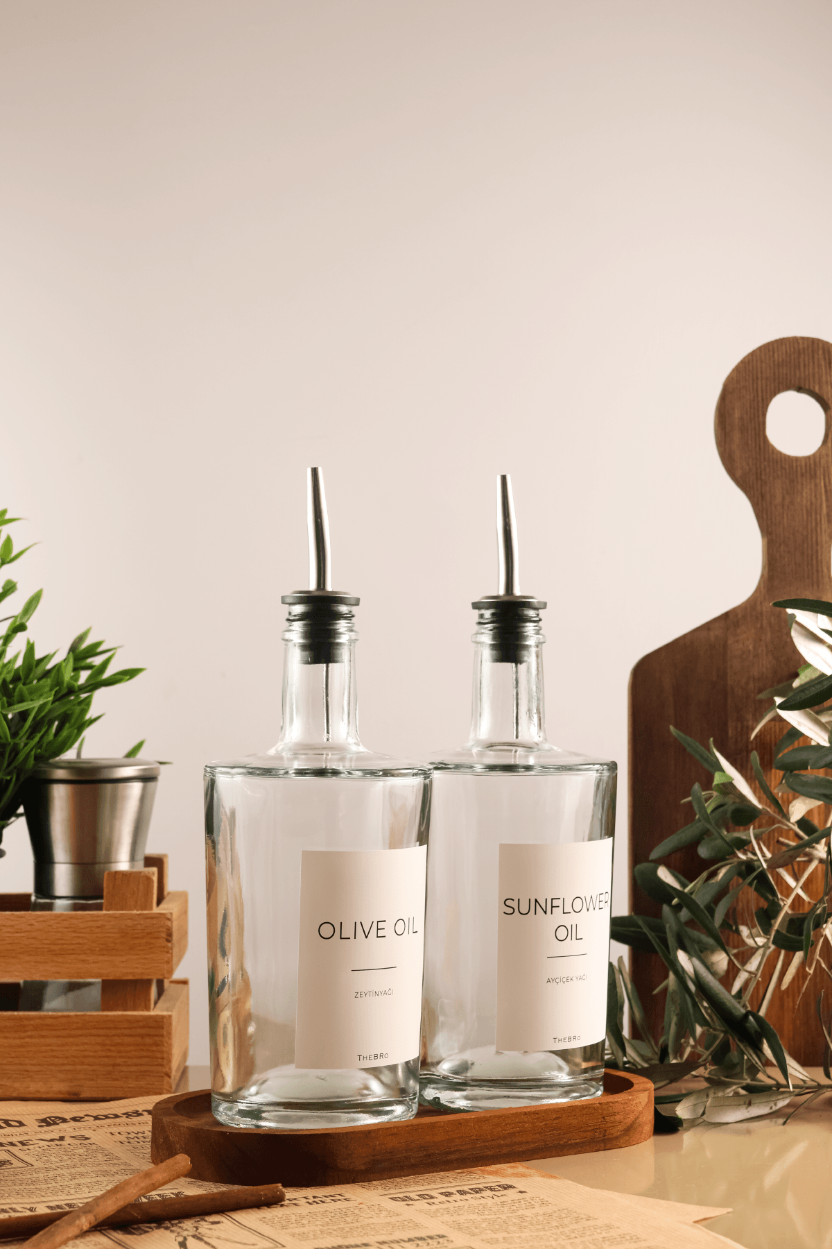 500ML Platinum Serisi Ahşap Stantlı Zeytinyağı ve Ayçiçek Yağı Şişesi 