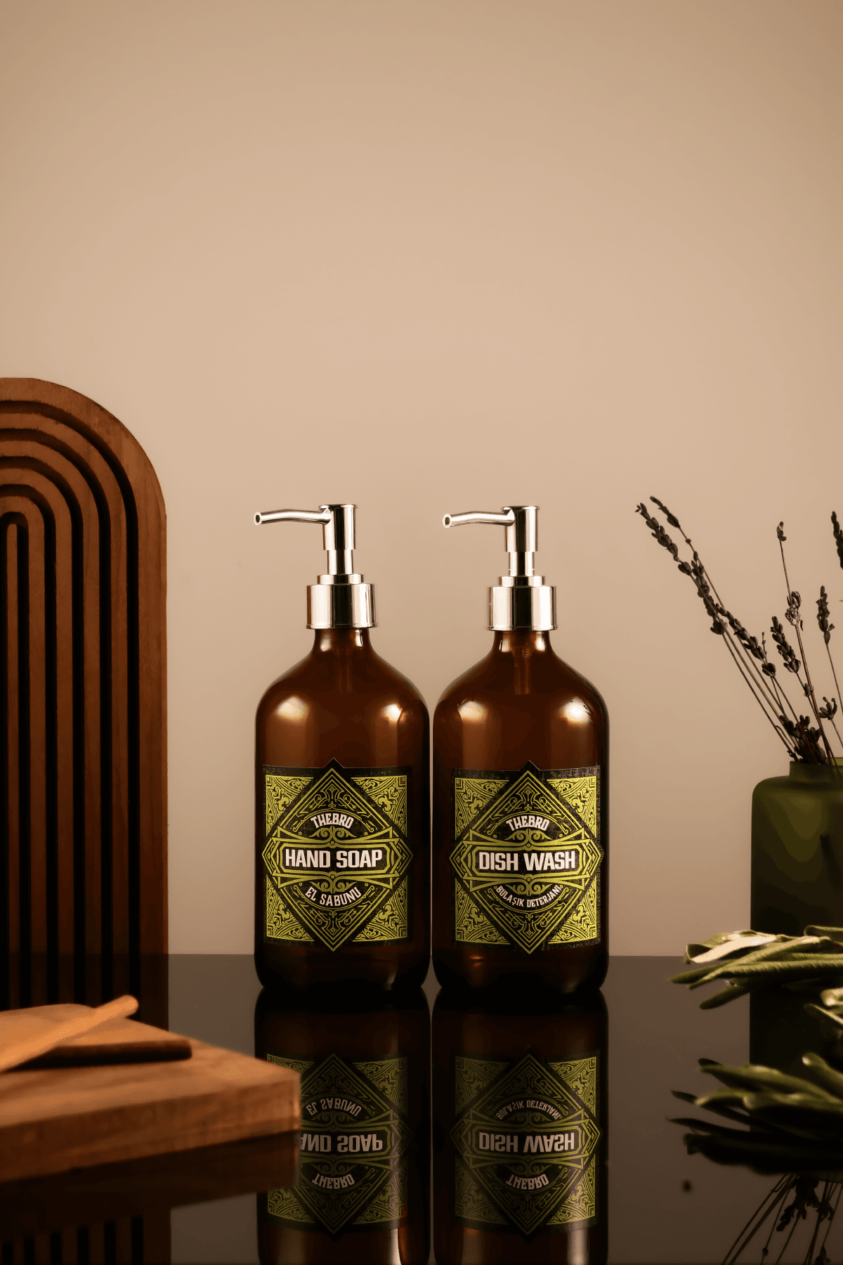 500ML Amber Cam Vintage Desenli El Sabunu ve Bulaşık Deterjanı Şişesi 