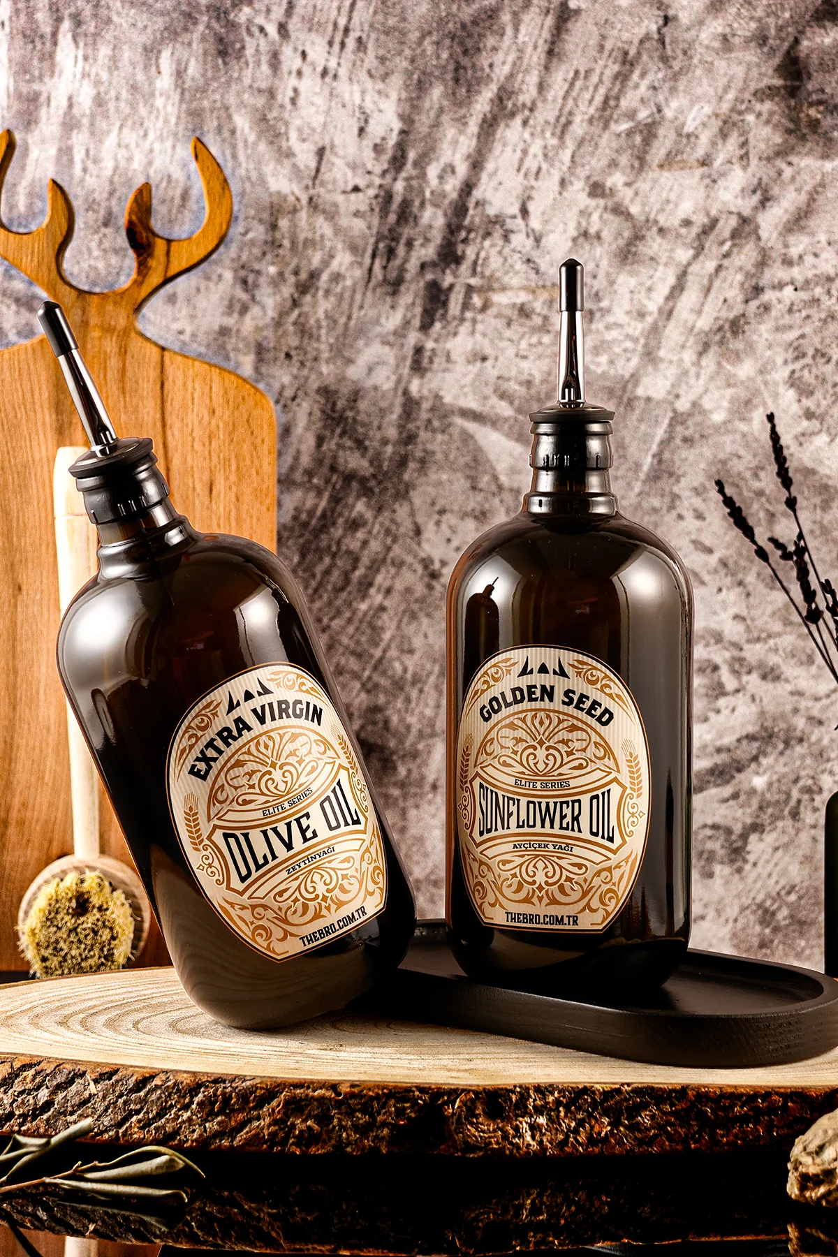 750ML Mat Siyah Ahşap Stantlı Elite Serisi Zeytinyağı Şişesi ve Ayçiçek Yağı Şişesi Yağdanlık