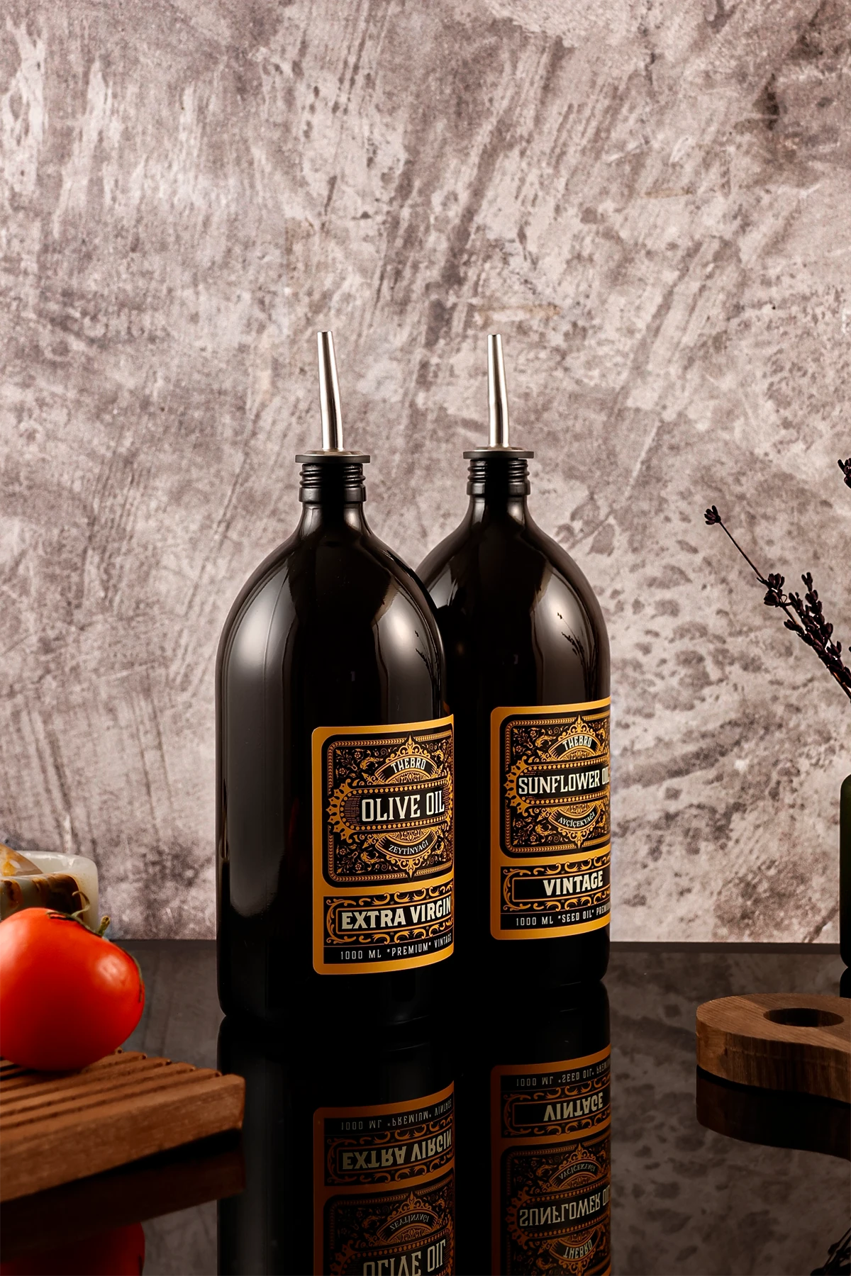  1lt Parlak Siyah  Renkli Cam Yağdanlık Zeytinyağı Sıvıyağ Şişesi Vintage Yağlık