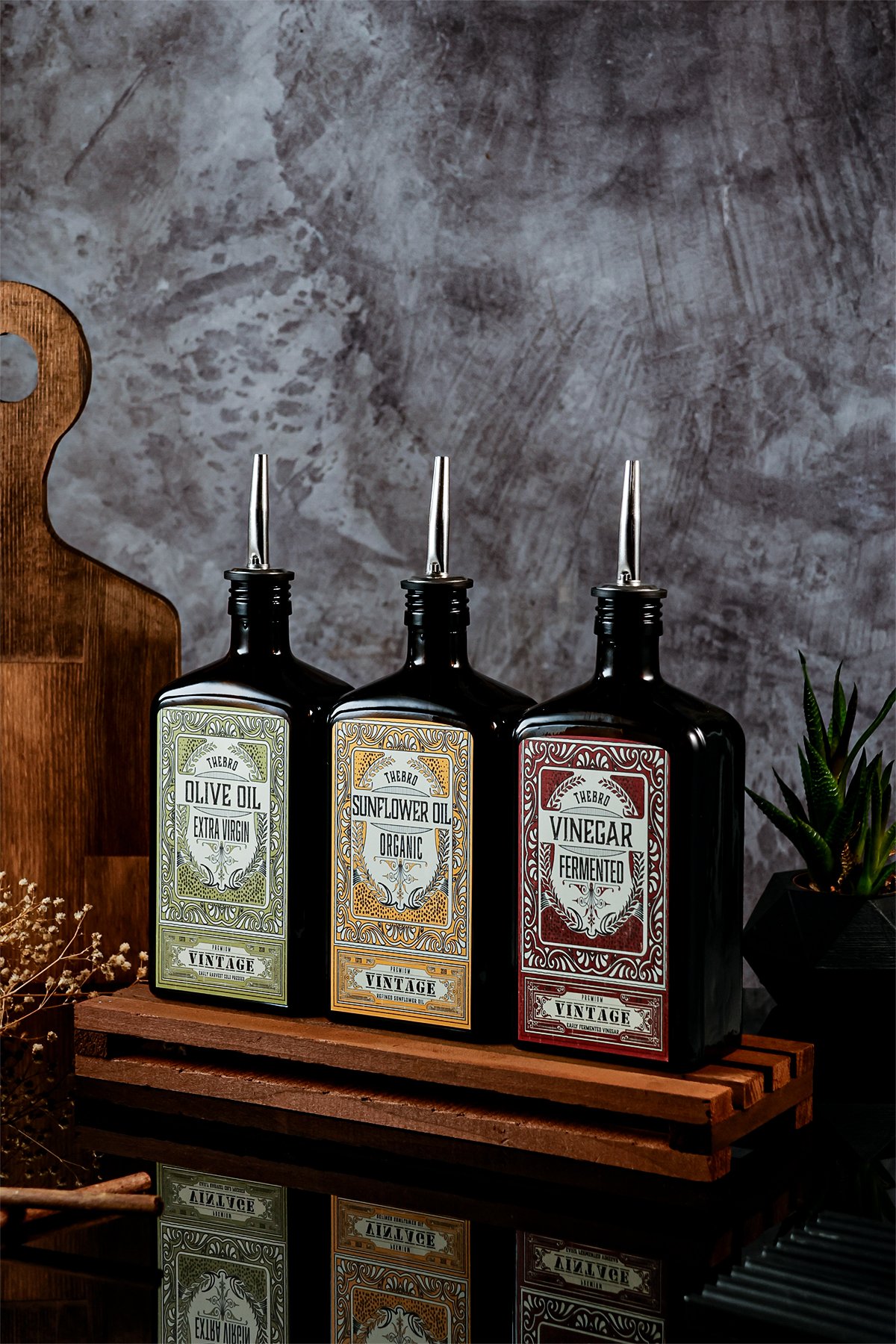 500ML Ahşap Stantlı New Premium Zeytinyağı,Ayçiçekyağı ve Sirke Şişesi 3'lü Set 