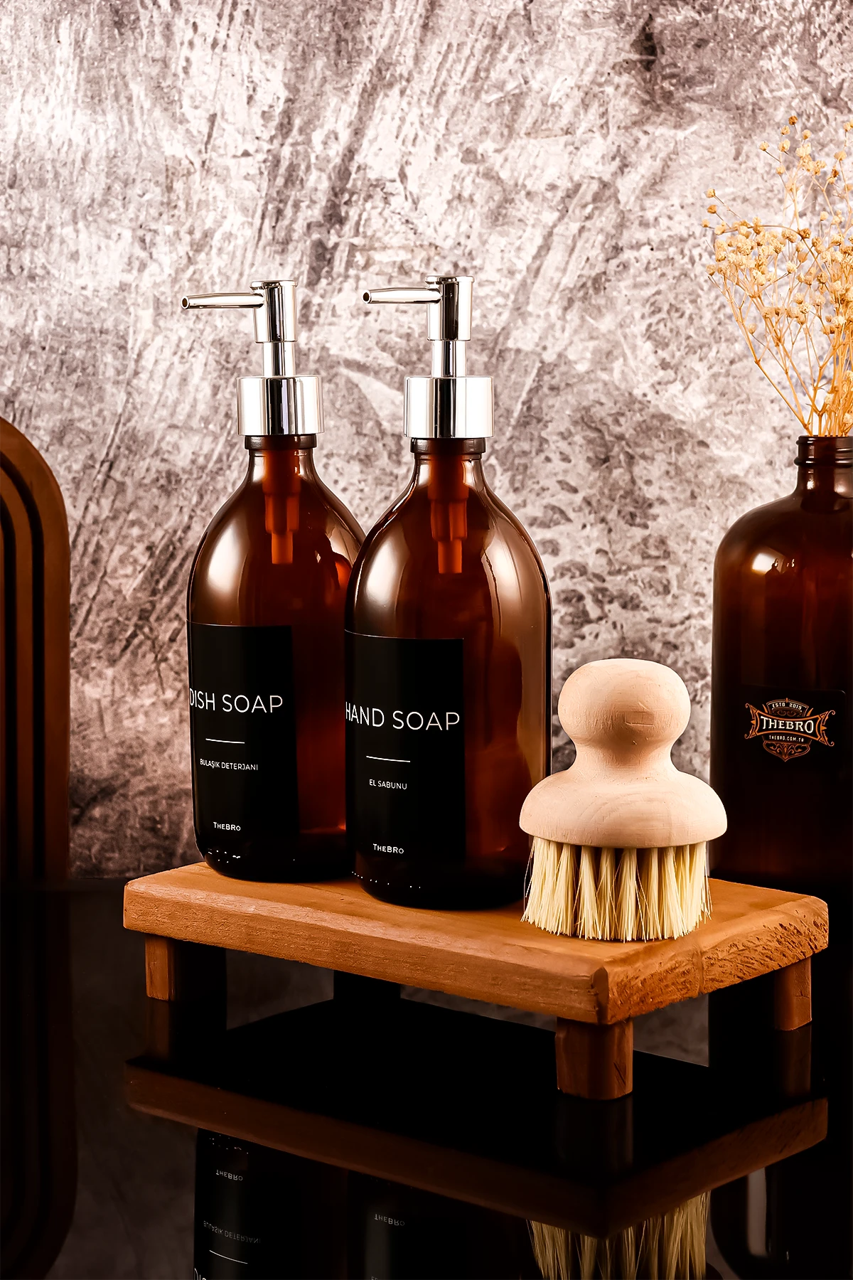 500ML Black Serisi Ahşap Stantlı Fırçalı El Sabunu ve Bulaşık Deterjanı Sabunluk Seti  