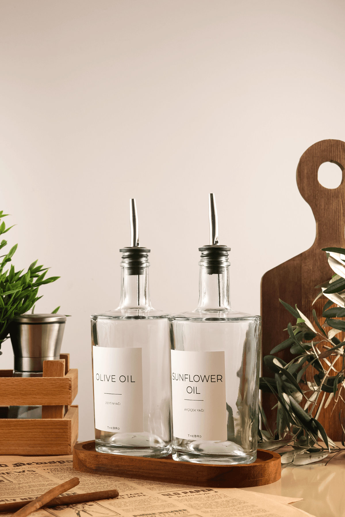 500ML Platinum Serisi Ahşap Stantlı Zeytinyağı ve Ayçiçek Yağı Şişesi 