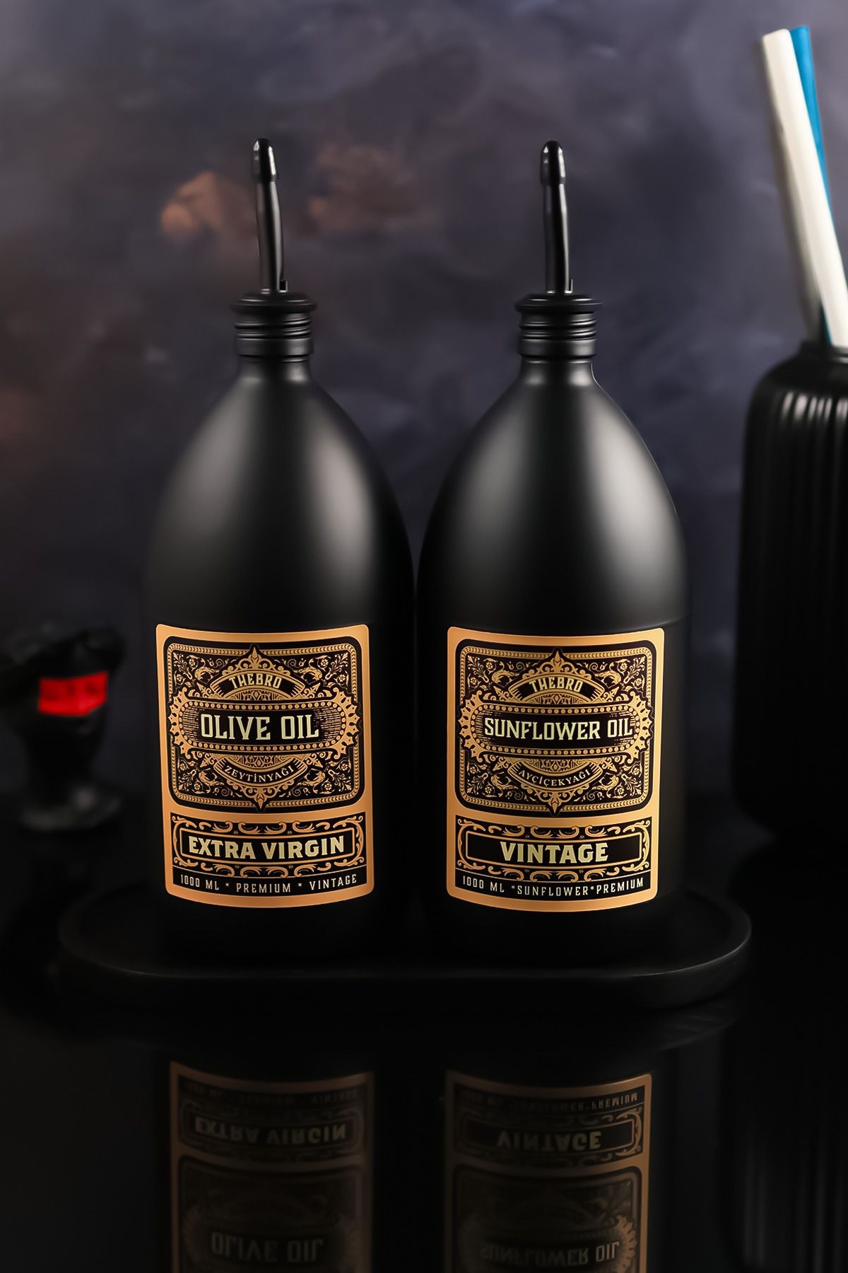 1 Litre Vintage Black Edition Mat Siyah Ahşap Stantlı Zeytinyağı Şişesi Ayçiçek Yağı Şişesi