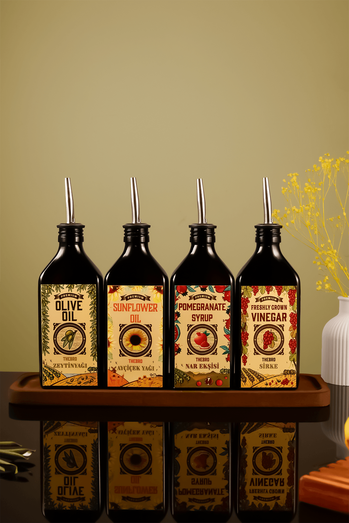 250ML Carmen Serisi Ahşap Stantlı Zeytinyağı,Ayçiçek Yağı, Nar Ekşisi, Sirke Şişesi Set 