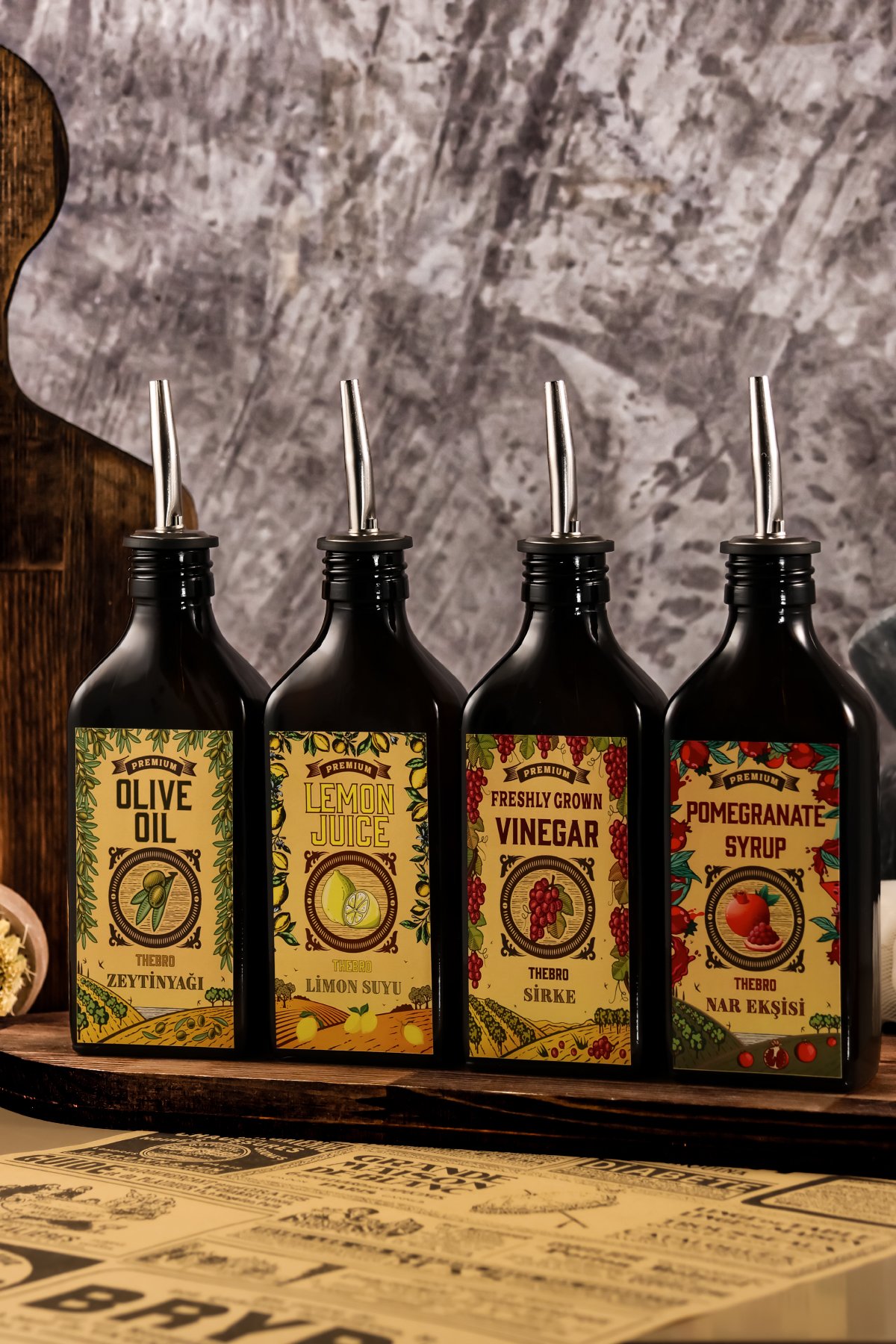 200ML Carmen Serisi Amber Renkli Parlak Metal Şişe Dökücülü Zeytinyağı,Sirke,Limon,Nar Ekşisi Şişesi 4'lü Set