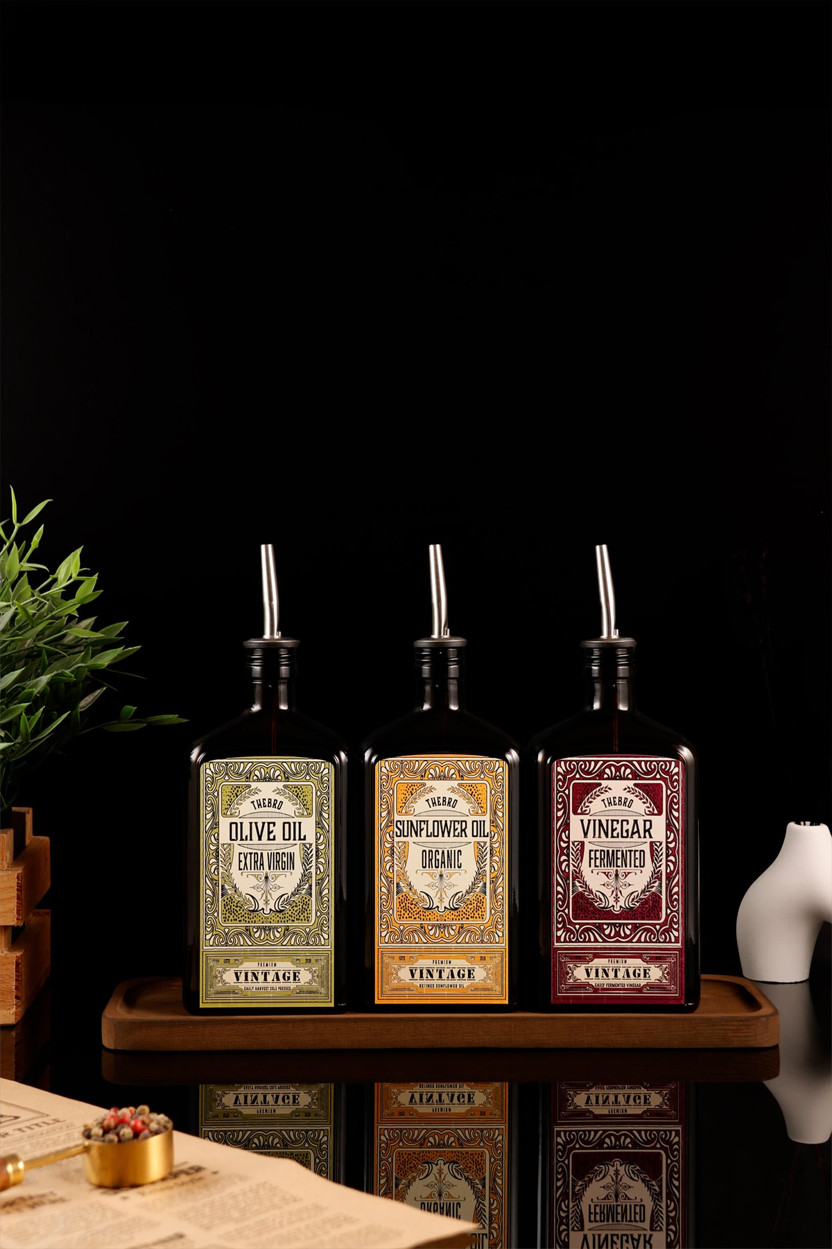 500ML Ahşap Stantlı New Premium Zeytinyağı,Ayçiçekyağı ve Sirke Şişesi 3'lü Set