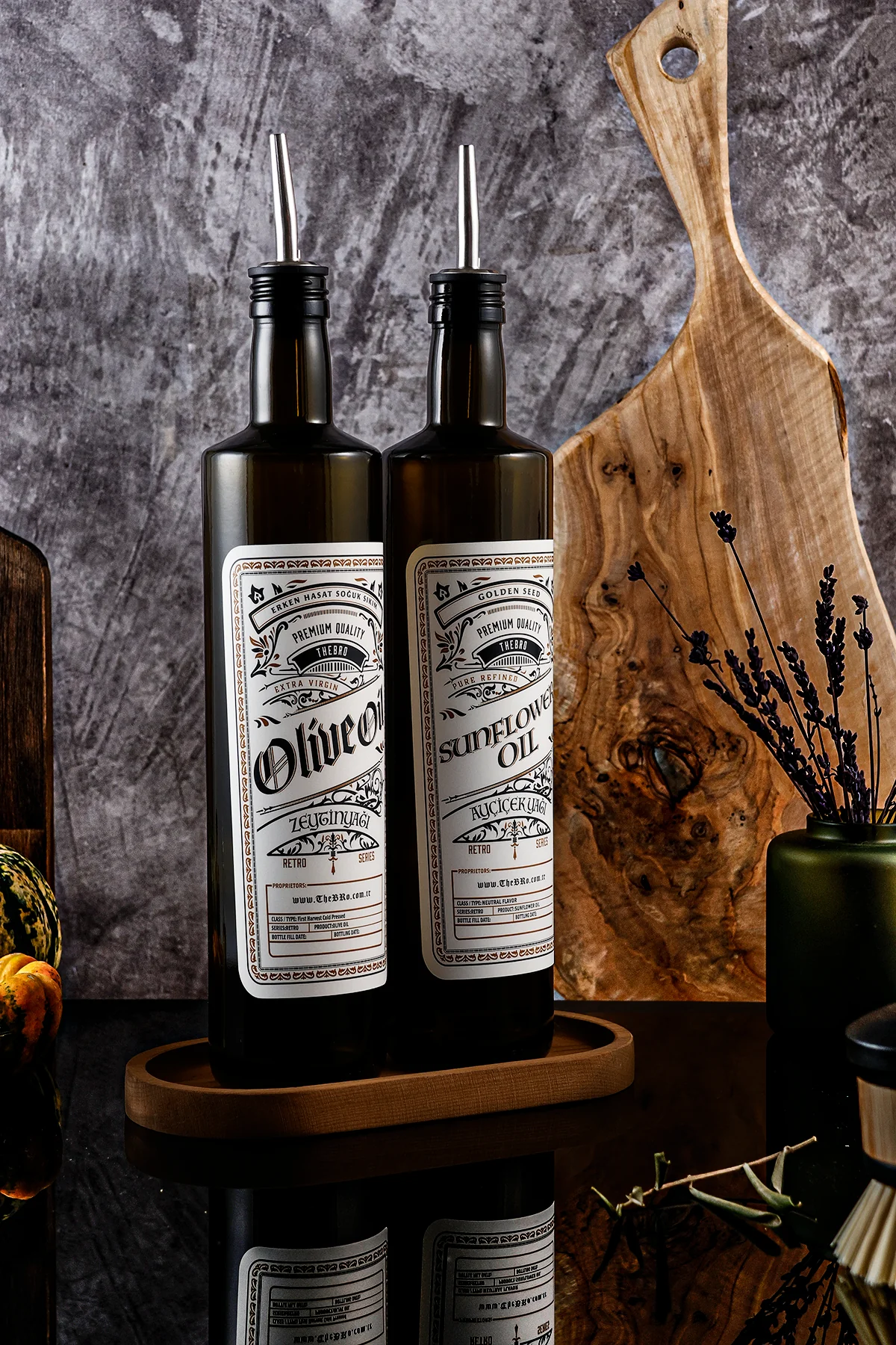 750ML Retro Serisi Ahşap Stantlı Zeytinyağı Şişesi ve Ayçiçek Yağı Şişesi