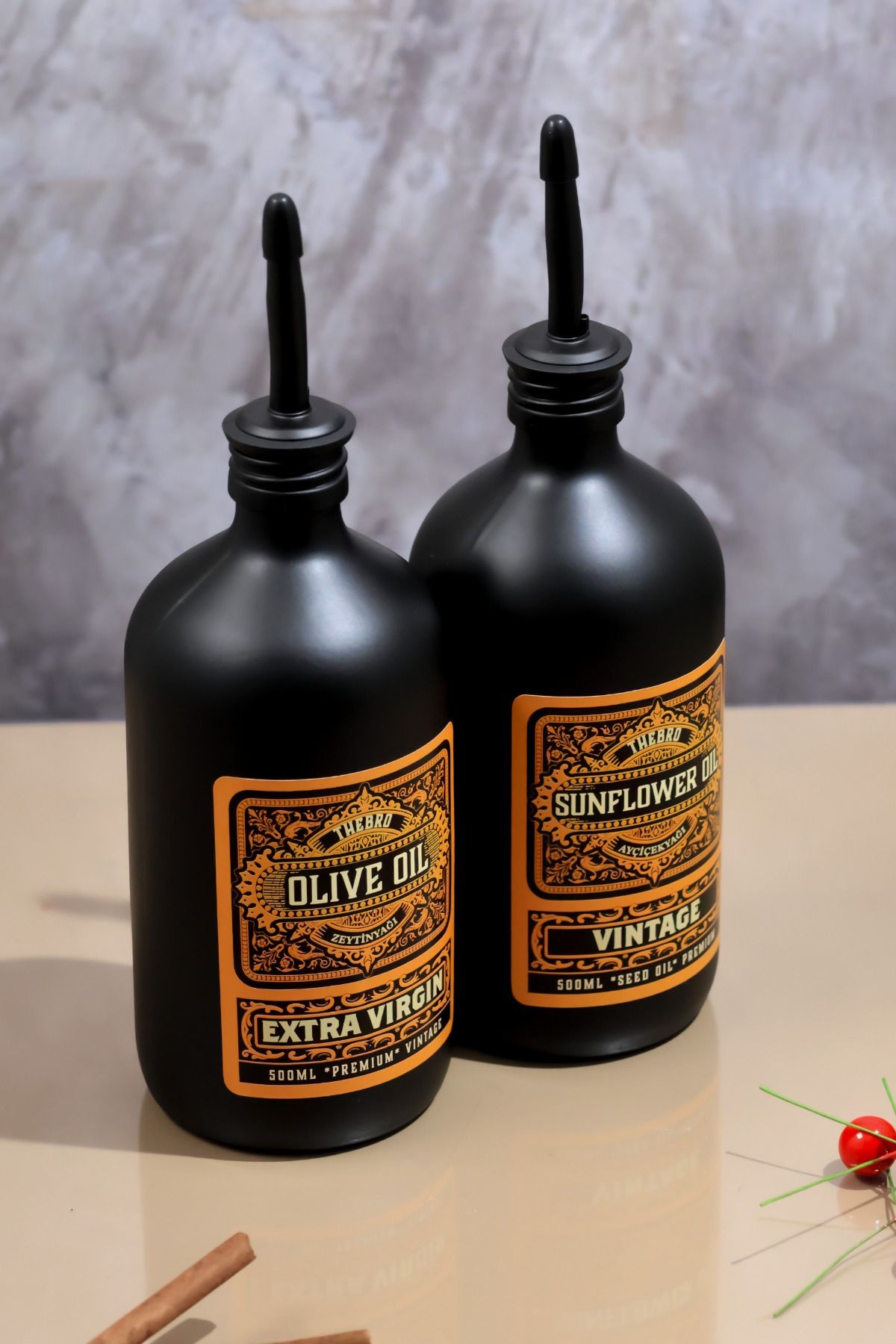 500ML Vintage Black Edition Serisi 2'li Set Zeytinyağı Şişesi Ayçiçek Yağı Şişesi